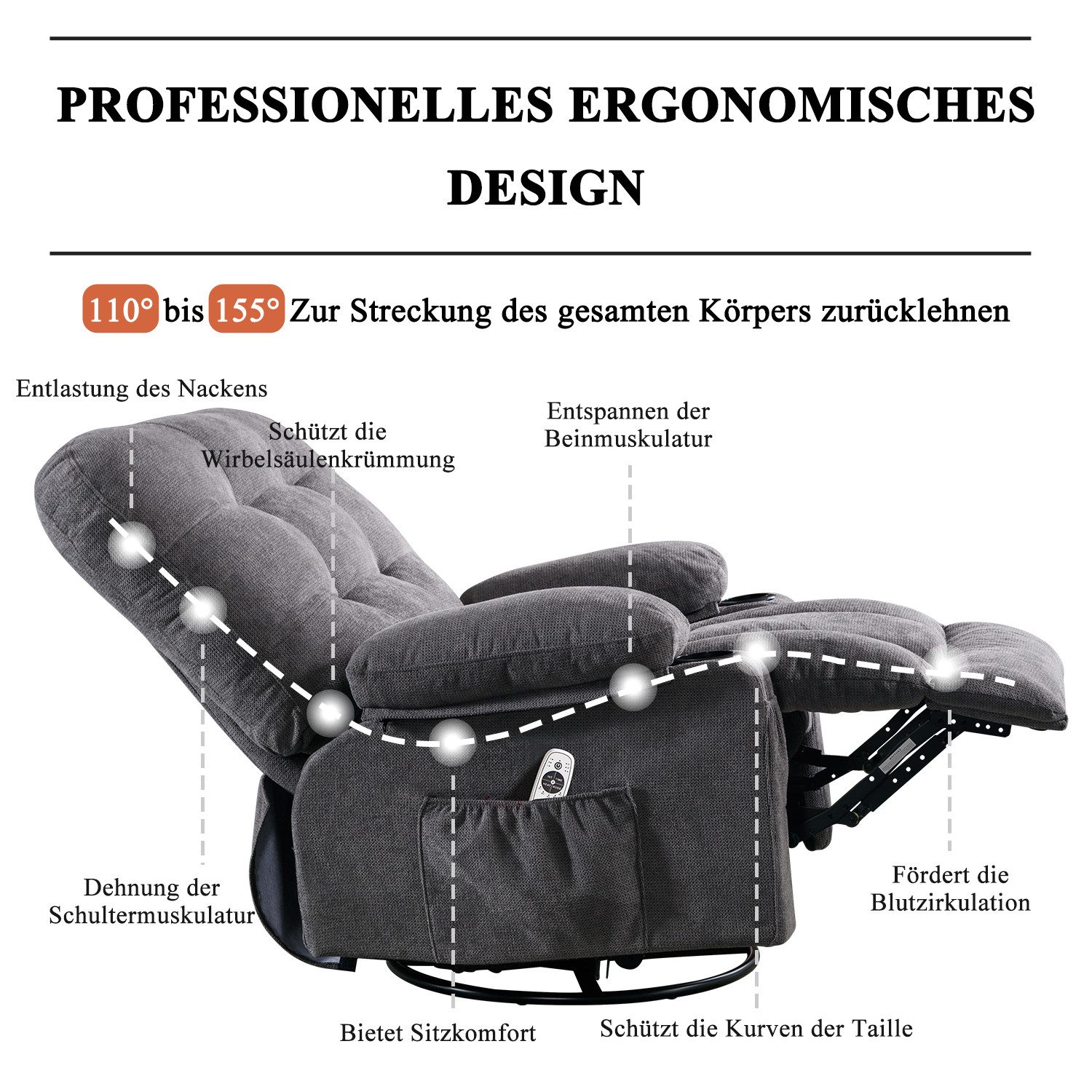 bosmiller Relaxsessel Elektrisch Fernsehsessel Verstellbar Massagesessel mit Liegefunktion (1-St), Ergonomisch Heizung Sessel mit Getränkehalter