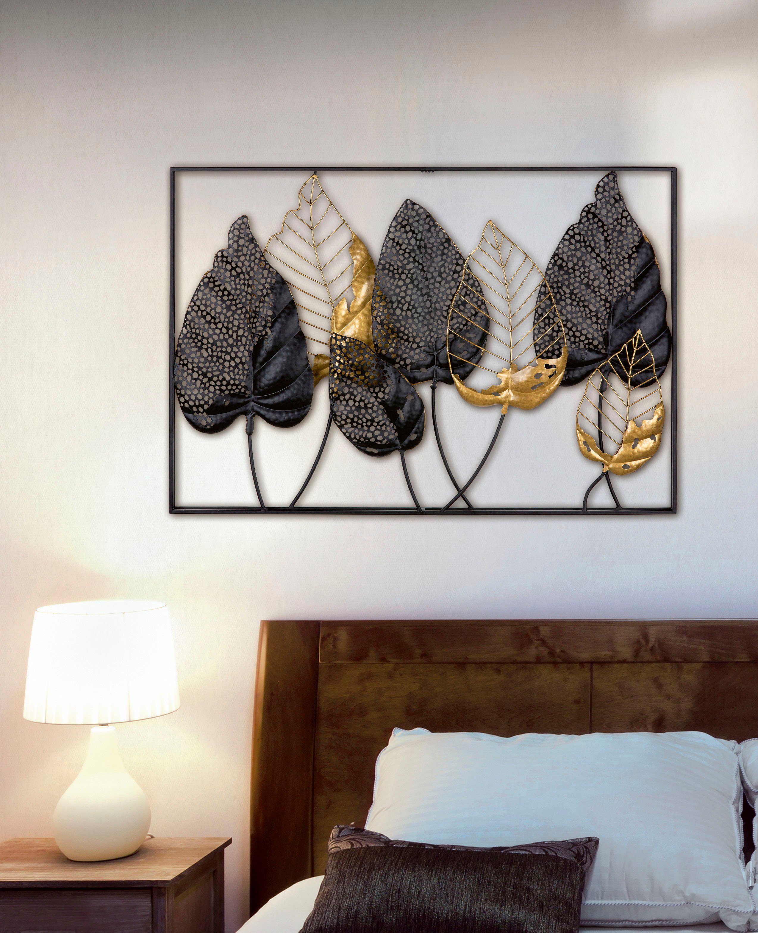 Casablanca by Gilde Wanddekoobjekt Wandrelief Blätter mit Rahmen Santos (1 St), Sieben Blätter in Schwarz und Gold