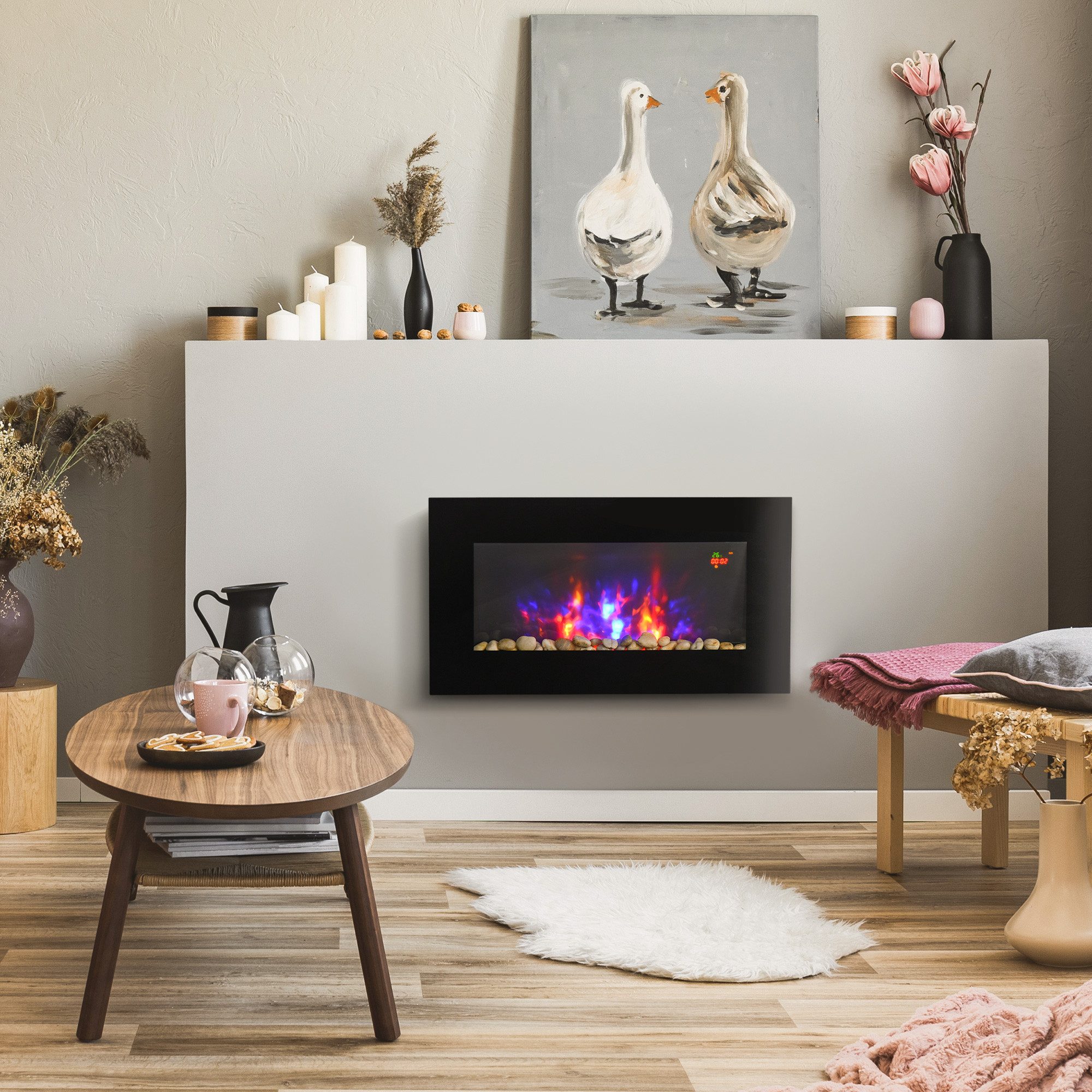 HOMCOM Elektrokamin Kamin mit LED Flammeneffekt, 1000/2000W Wandkamin in 7 Farben, mit Fernbedienung, Wandmontage, Schwarz