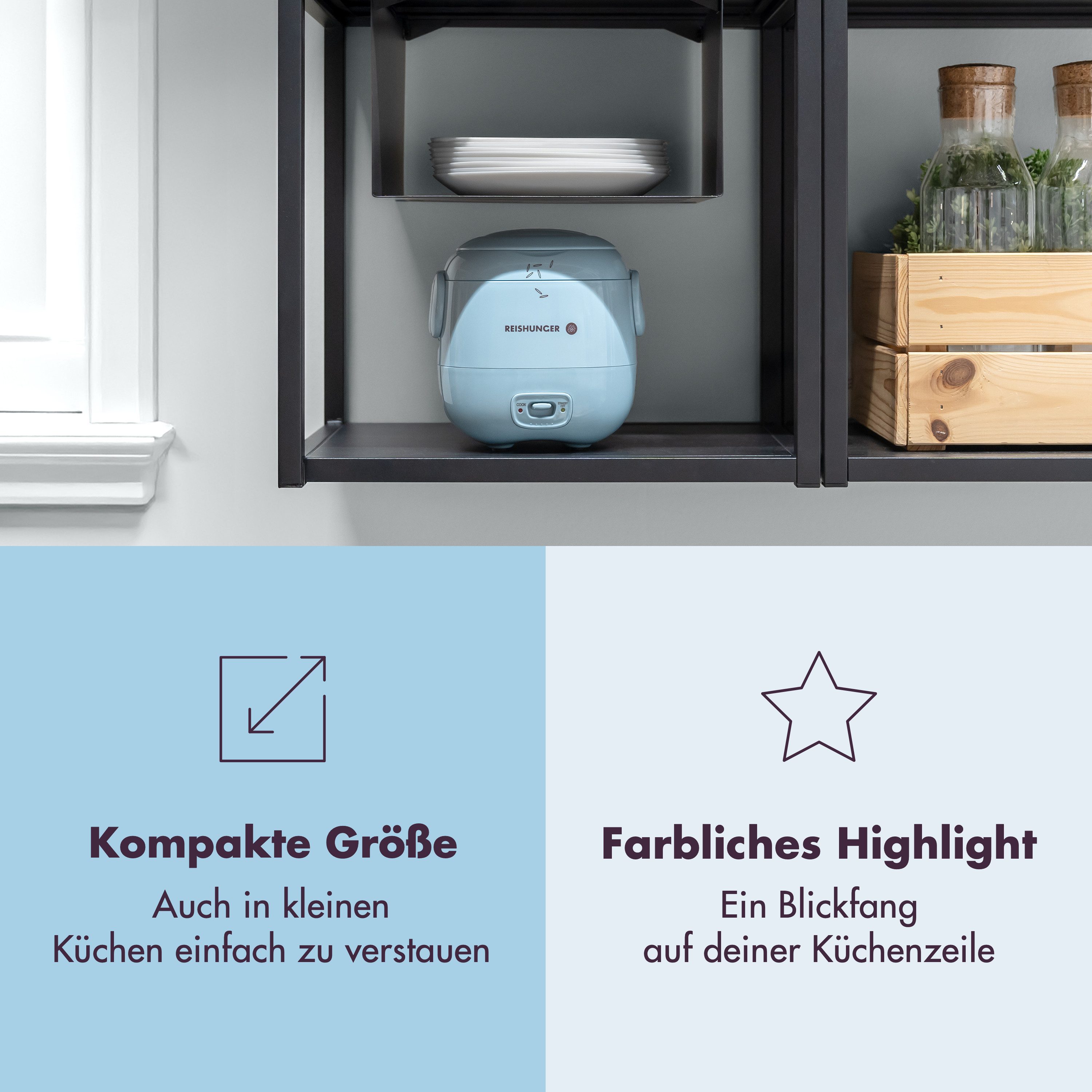 Reishunger Reiskocher Mini Reiskocher, salbeigrün, 0,3 L - 1-2 Portionen, 120 W, Handliche Größe für kleine Haushalte und unterwegs