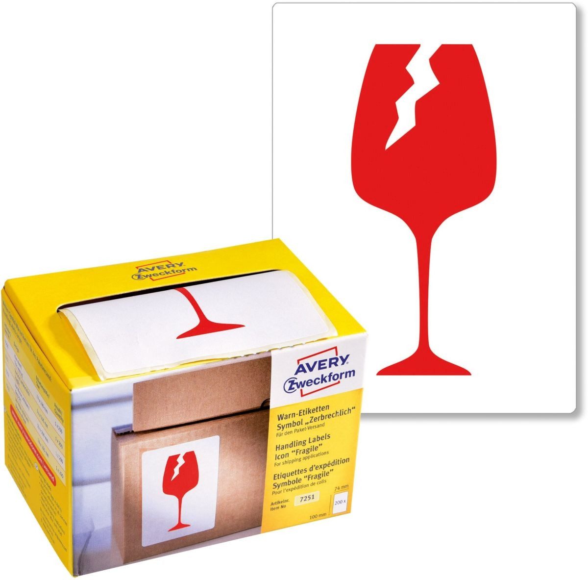 Avery Zweckform Etiketten Warnetiketten 'Vorsicht Glas' 100x74 mm weiß VE=200 Stück