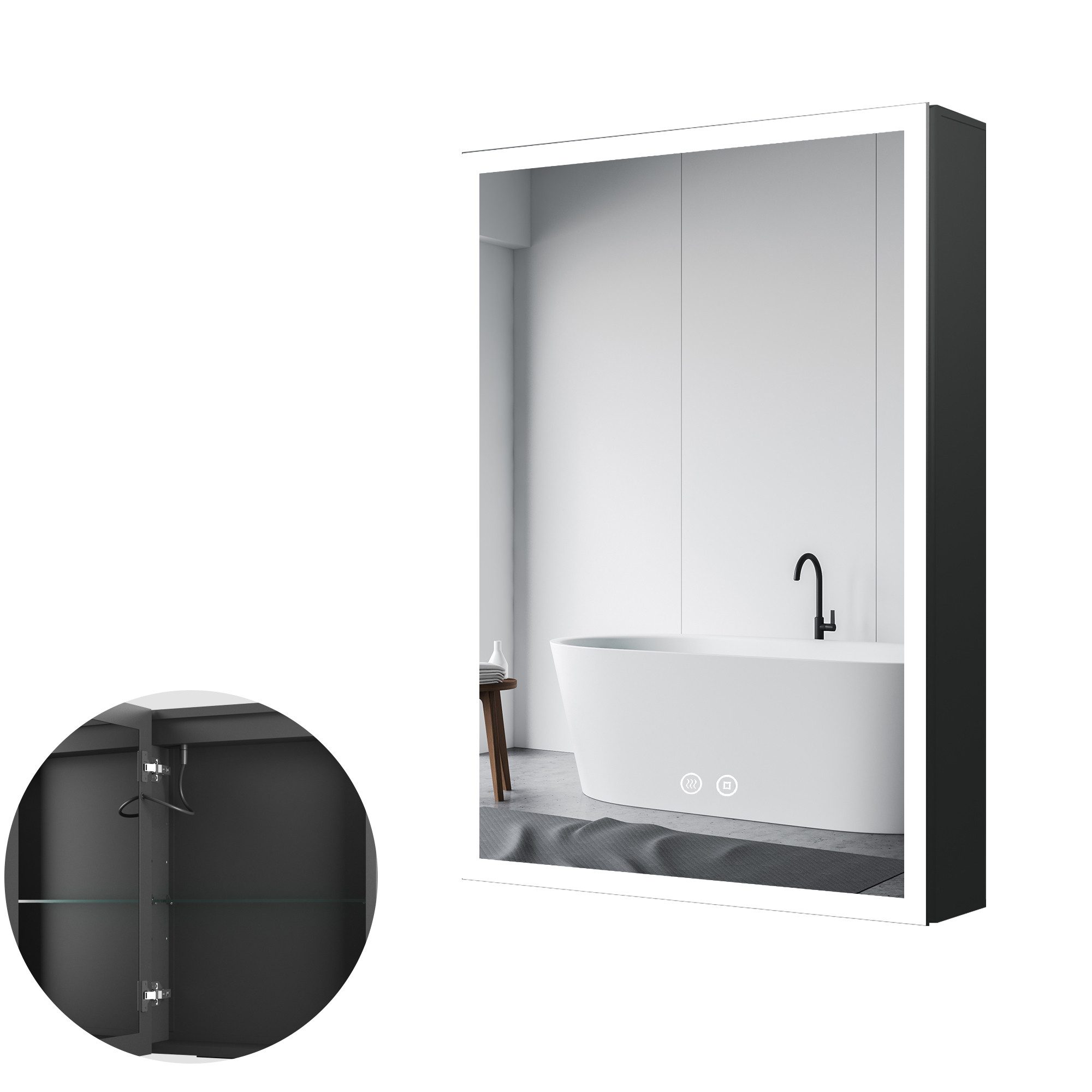 WDWRITTI Medizinschrank mit spiegel Spiegelschrank Schwarz mit LED Beleuchtung 50x13,5x70cm (Anti-fog, 3Lichtmodi, Dimmbar, Speicherfunktion, Alu-Schranktür, 1 türen) Doppel Spiegel, Verstellbare Glasböden, mit Netzadapter