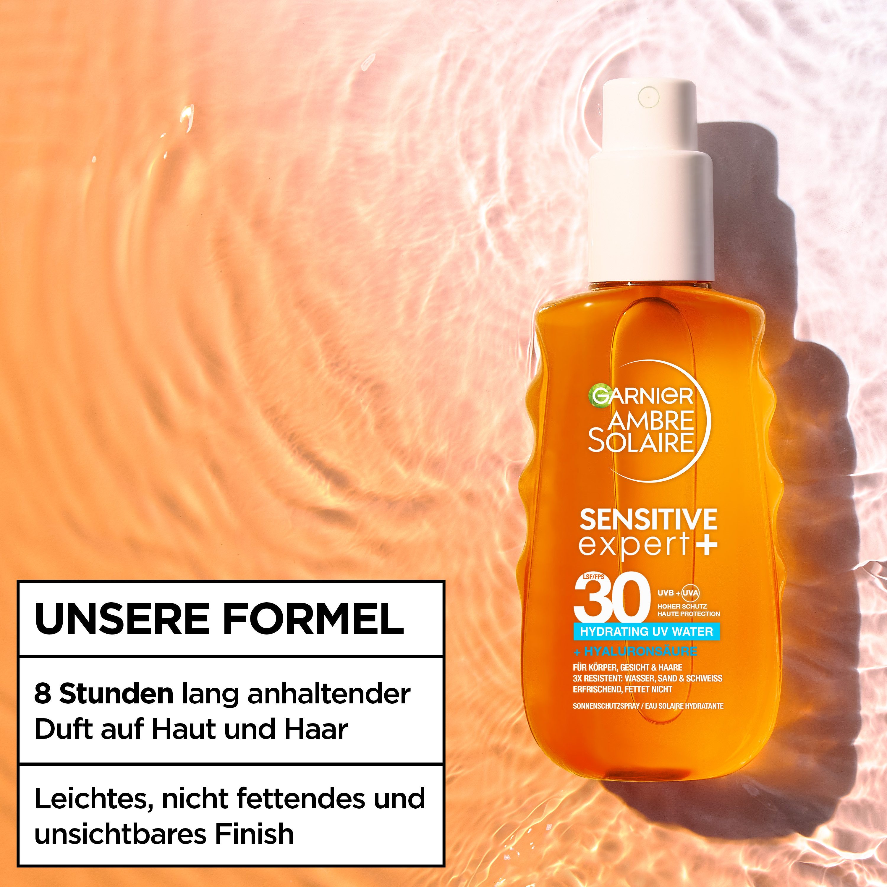 GARNIER Sonnenschutzspray AMBRE SOLAIRE SENSITIVE EXPERT+ LSF 30, mit Hyaluronsäure, für Körper, Gesicht und Haare geeignet