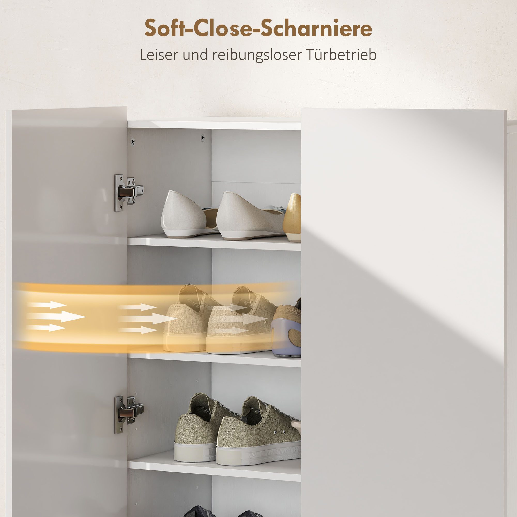 HOMCOM Schuhschrank Schuhregal mit Belüftungslöchern, Hochglanztüren und Soft-Close (Schuhkommode, 1-St., Schuhaufbewahrung) verstellbare Regale, Weiß – Bild 5 von 5