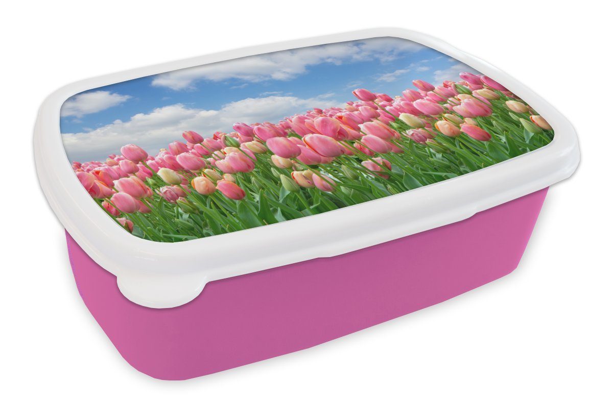 MuchoWow Lunchbox Farben - Tulpen - Frühling, Kunststoff, (2-tlg), Brotbox für Erwachsene, Brotdose Kinder, Snackbox, Mädchen, Kunststoff rosa