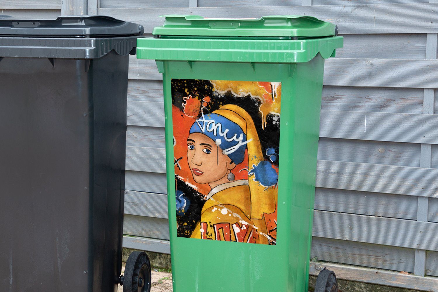 mit Container, Sticker, Abfalbehälter Wandsticker St), Perlenohrring - Mülltonne, (1 MuchoWow - Vermeer Mülleimer-aufkleber, Mädchen Kunst