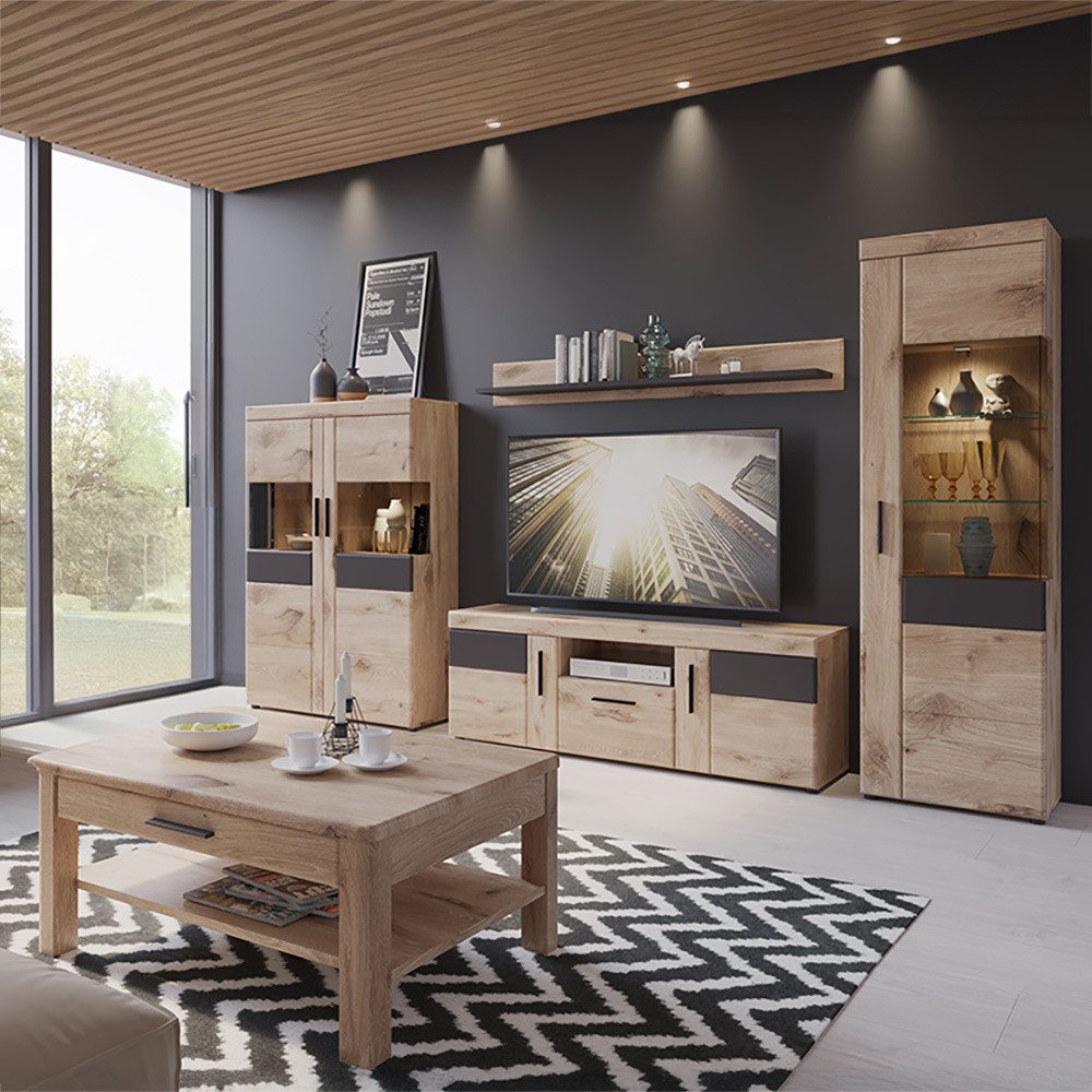 Lomadox Wohnzimmer-Set GRAHAM-129, (Mega-Spar-Set, 5-St., Vitrine Lowboard Wandboard Highboard Couchtisch), Eiche Dekor mit Grau Türen mit Softclose inkl. Beleuchtung