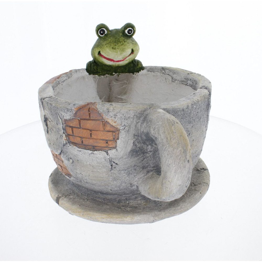 Trockenblume Übertopf Tasse mit Frosch grau/braun/grün - ca. 33 x 21 x 20 cm, MICA