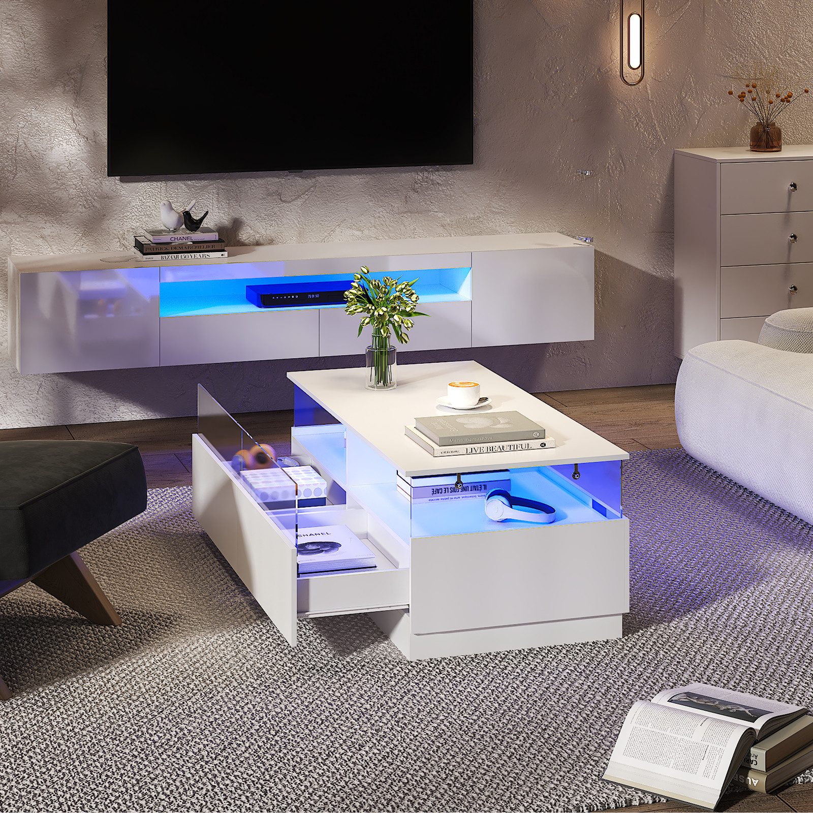 radelldar Couchtisch mit LED-Beleuchtung und 2 Acryltüren-Schubladen (1-St), Wohnzimmertisch Beistelltisch 108 x 50 x 40 cm – Bild 5 von 5