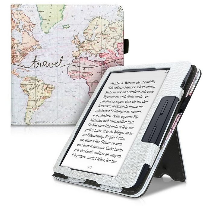 kwmobile E-Reader-Hülle Flip Schutzhülle für Kobo Libra H2O Handschlaufe - Cover Travel Schriftzug Design
