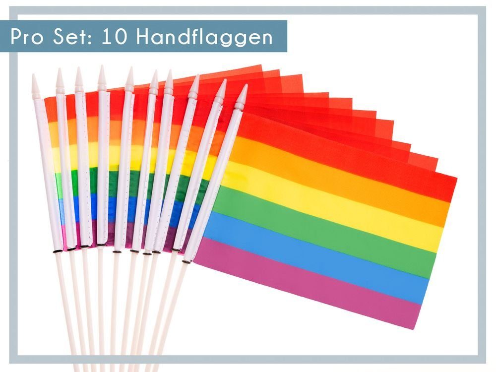 Regenbogen Handfahne Deko), PHENO mit Stab Flaggen (10er zur FLAGS Stockfahne Flagge Handflagge Set Fähnchen