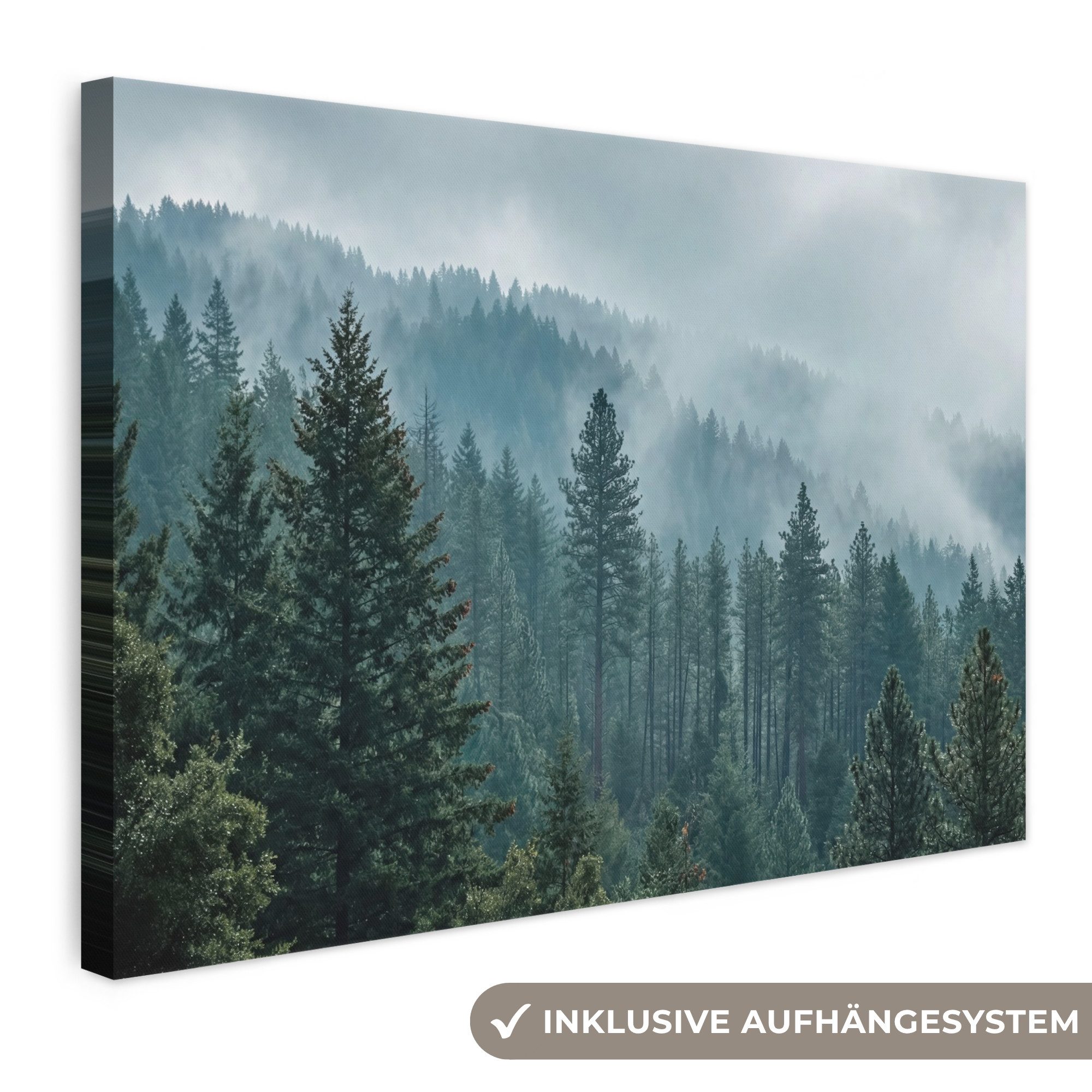 OneMillionCanvasses® Leinwandbild Nadelwald – Berge – Nebel, Fotodruck (1 St), Leinwand Bilder Klein, Wand Dekoration Aesthetic 30x20 cm