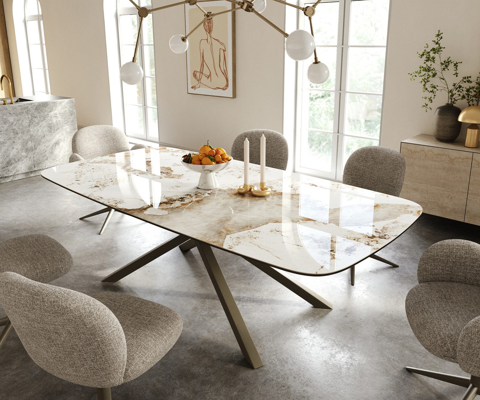 DELIFE Esstisch Edge, Boot 240x120 cm Keramik Minas Melange Weiß-Beige Kreuzgestell Rechteck