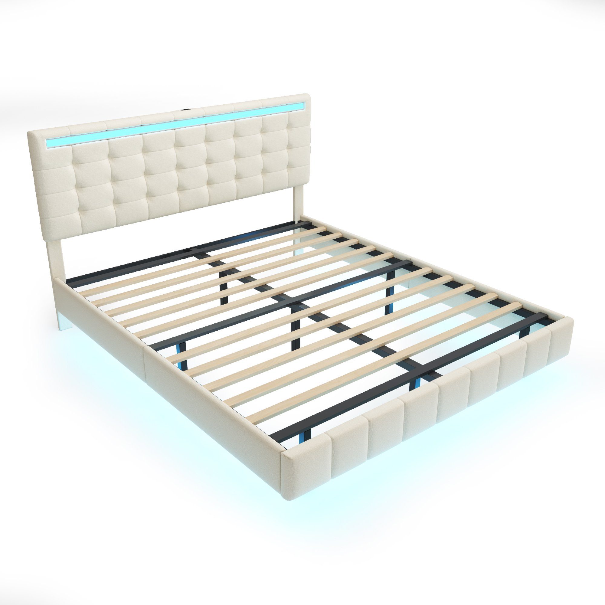 Polsterbett (LED Doppelbett), mit USB Ladefunktion und höhenverstellbarem Kopfteil 160x200cm, Leinen