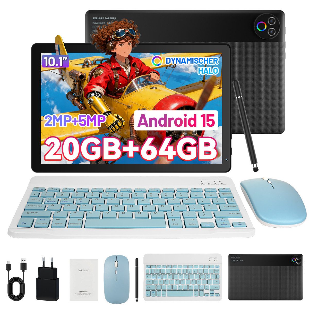 Happybe 10’’ HD Android 15, 20(3+17)GB RAM, 64GB, WiFi6 mit Tastatur und Stift Tablet (10", 64 GB, Android, WiFi6, Großbs Display Tablet mit Stift, Tastatur und Maus, Widevine L1)
