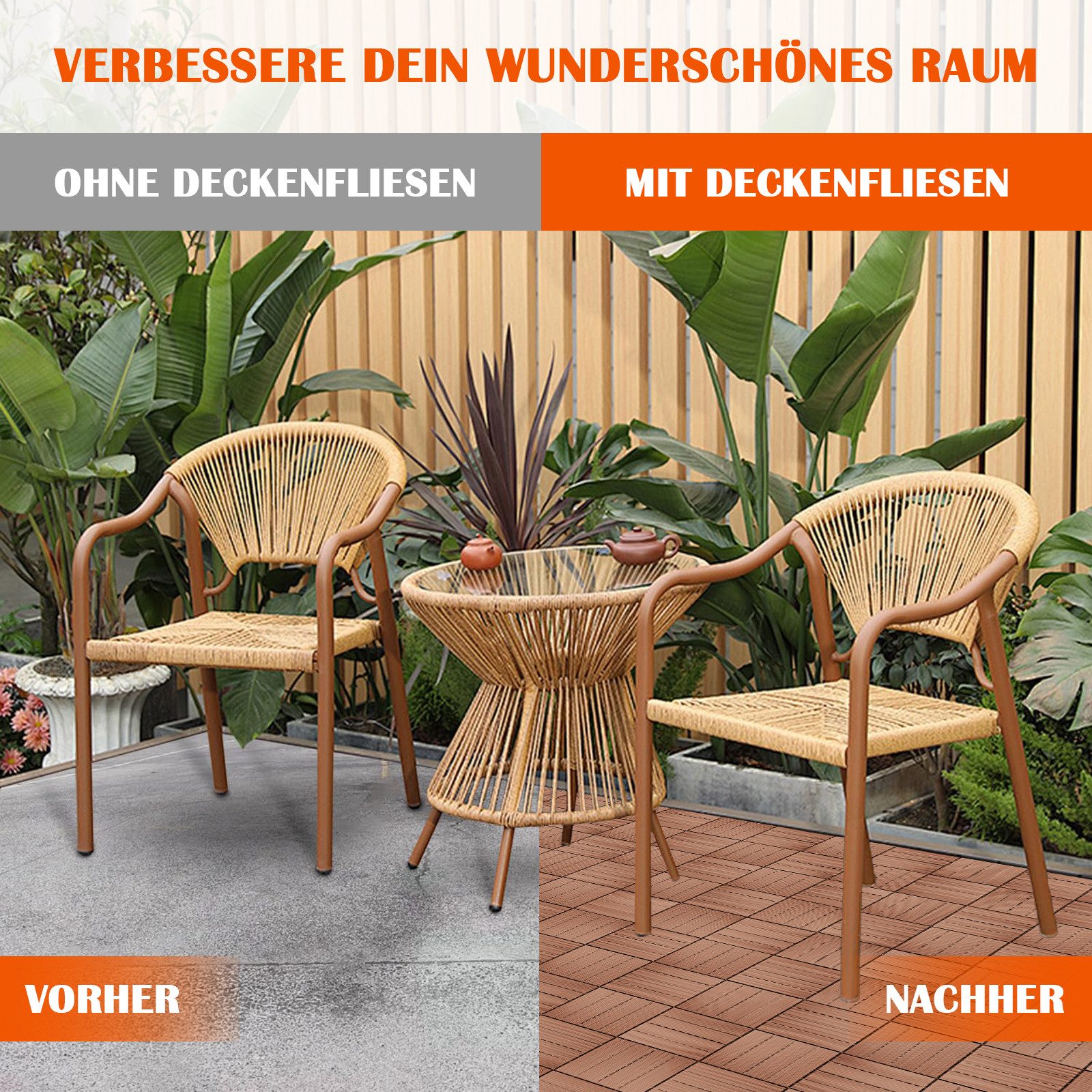 PFCTART Terrassendielen Terrassenfliesen mit Klicksystem 44 Stück, Kunststoff Bodenfliesen, 4,09 m², BxL: je 30.48x30.48 cm, 20 mm Stärke, (Set, 44-St., 30,48×30,48 cm, Für Balkon, Terrasse, Garten, Wege & Innenbereich), Holzoptik, wetterfest, rutschfest & pflegeleicht, einfache