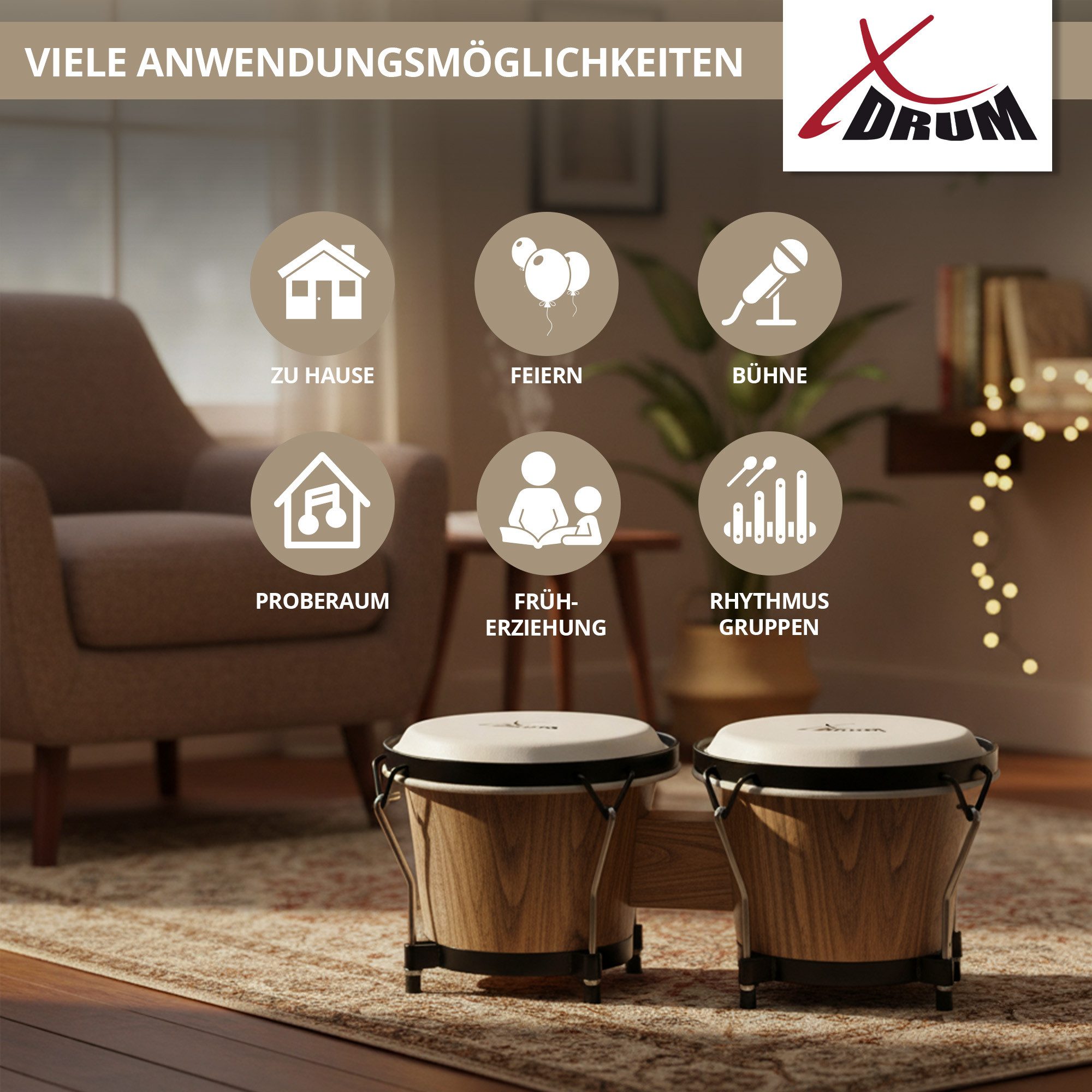 XDrum Bongo Bongos Club - 6" Macho und 7" Hembra, inkl. Stimmschlüssel, mit Naturfellen und professionellem Stimmsystem – Bild 5 von 5
