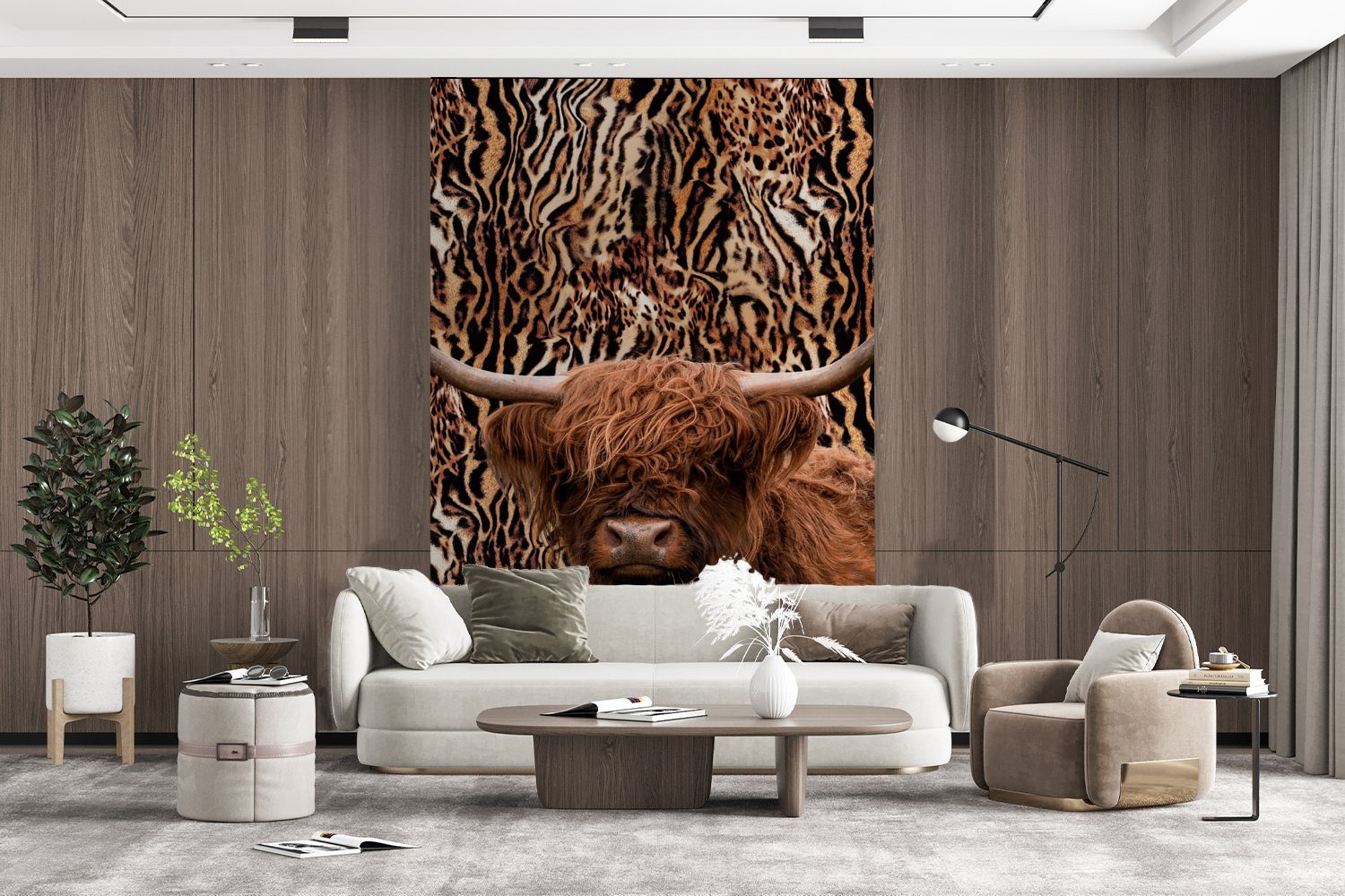 für Tapete - Vinyl Schottischer Wohnzimmer, Montagefertig Highlander Panther Fototapete (3 Druck - St), Tiere, Matt, Wandtapete MuchoWow bedruckt,