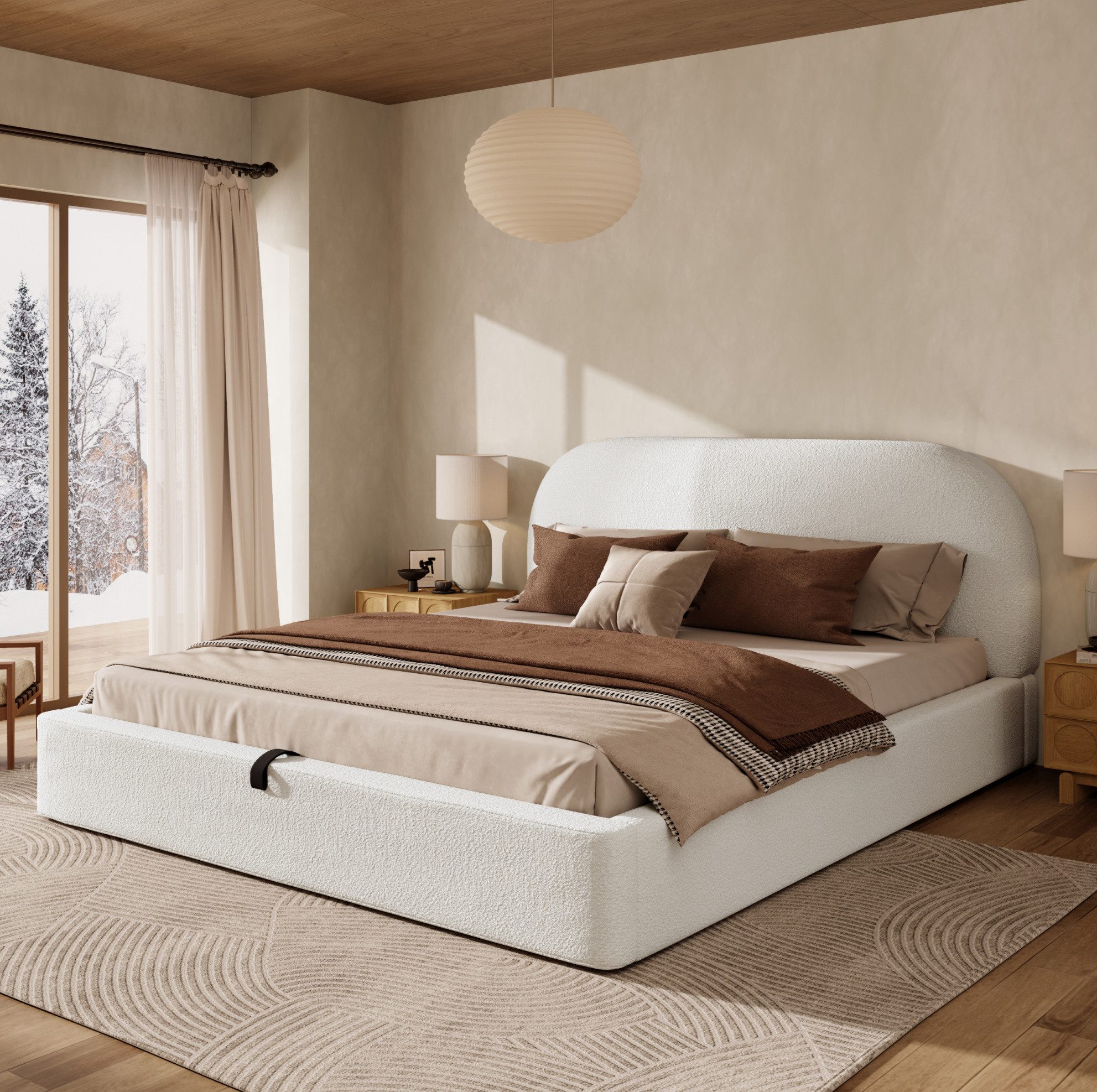 REDOM Polsterbett Bouclé-Doppelbett mit Stauraum & abgerundeten Ecken (Packung, Beige, 180×200 cm, Bouclé, inkl. Matratze, für erholsamen Schlaf), eingelassene Matratze, waschbare Teile