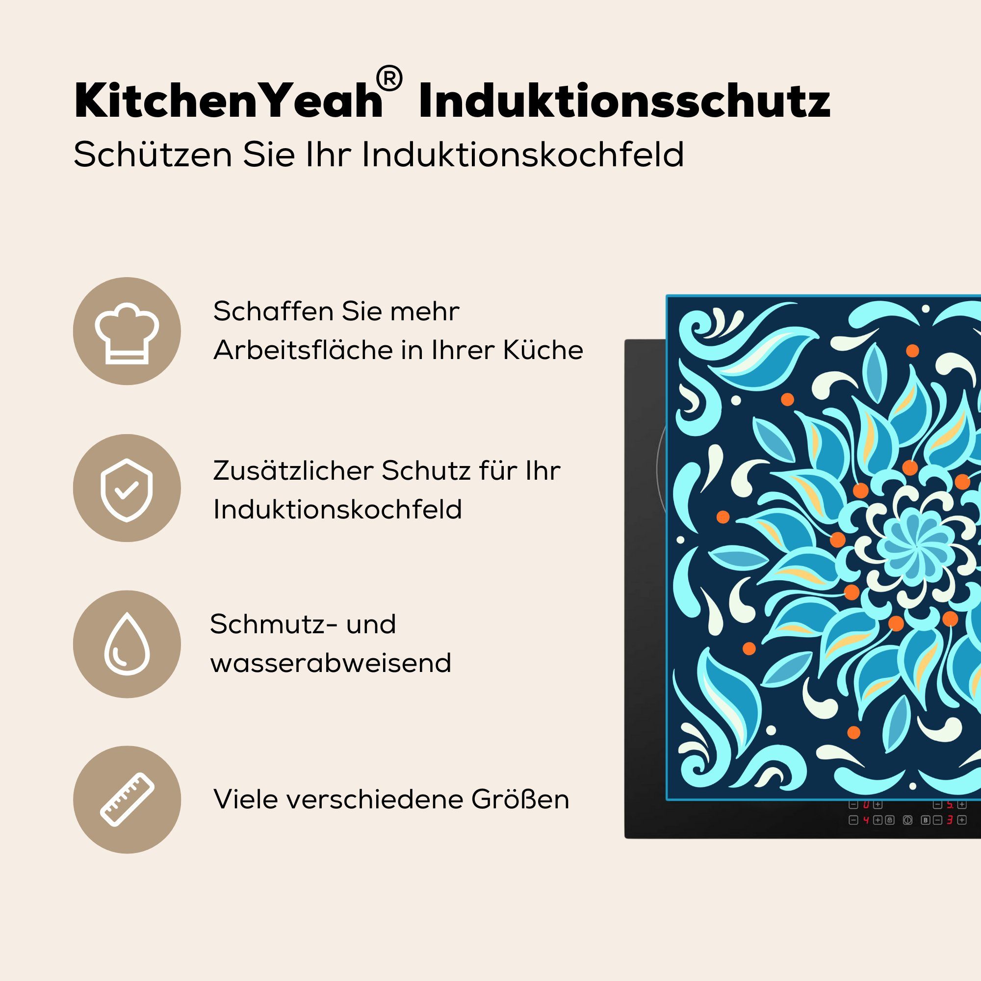 Herdblende-/Abdeckplatte Blau MuchoWow 78x78 - Vinyl, (1 - tlg), - Arbeitsplatte Muster, Quadratisch küche cm, für Blume Ceranfeldabdeckung,