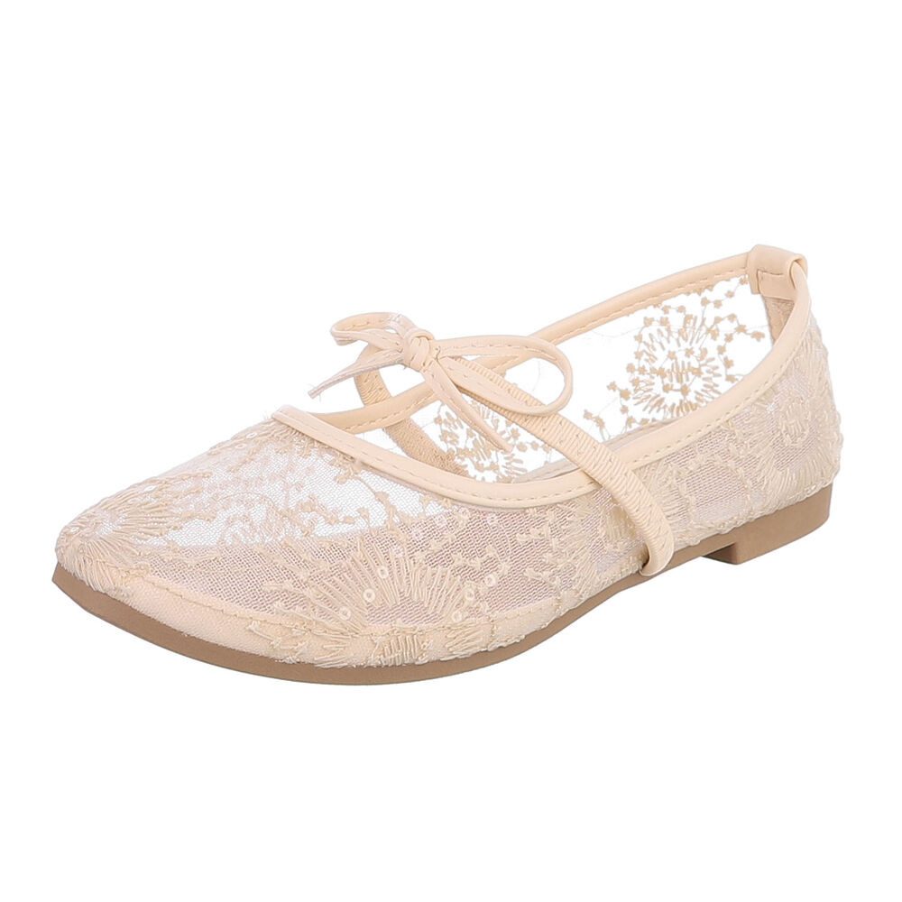 Ital-Design Damen Ballerina Spitze mit Schnürung und Mesh Ballerina (92699470) Blockabsatz Klassische Ballerinas in Beige