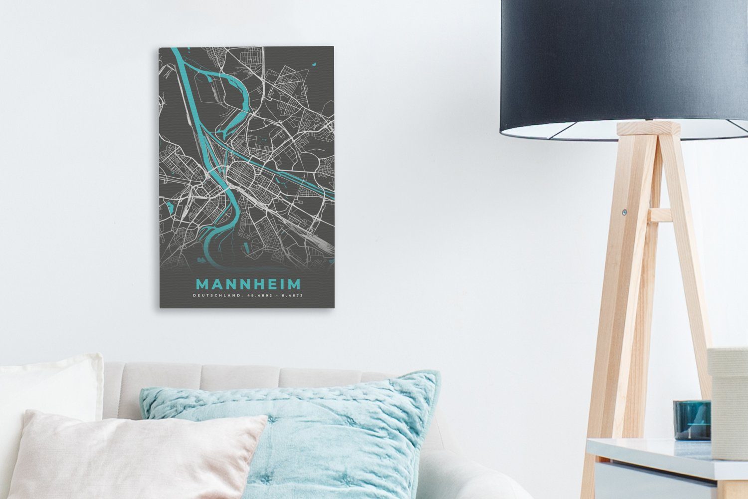 OneMillionCanvasses® Leinwandbild Deutschland - Gemälde, 20x30 inkl. St), cm Blau - fertig Stadtplan - Leinwandbild - (1 Zackenaufhänger, Karte, Mannheim bespannt