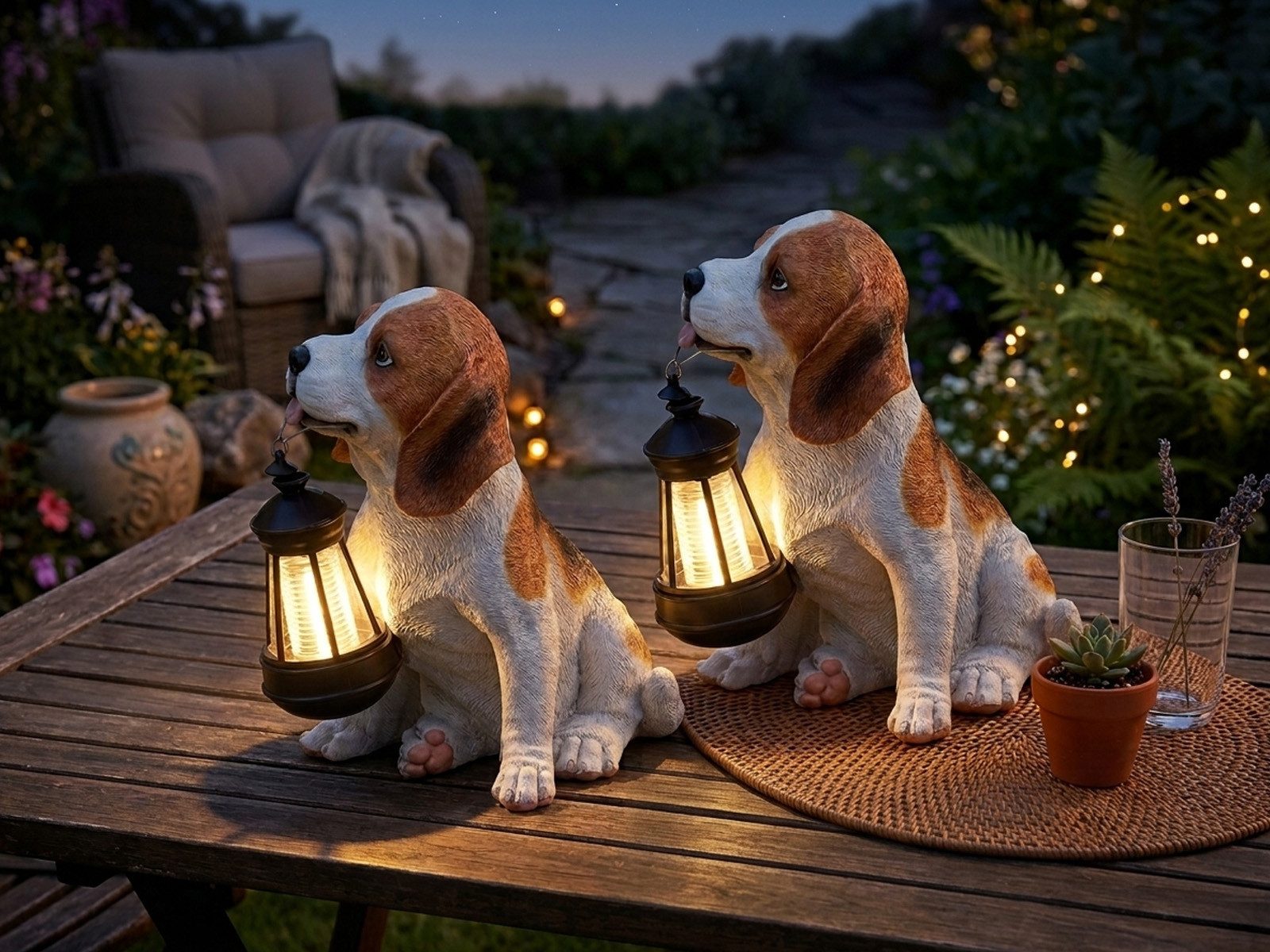 GLOBO LIGHTING LED Solarleuchte 2er Set Hundelampen Braun-Weiß Höhe 26cm, LED fest integriert, Ausgefallene Tierlampe Beagle Solarbeleuchtung für den Garten & Balkon