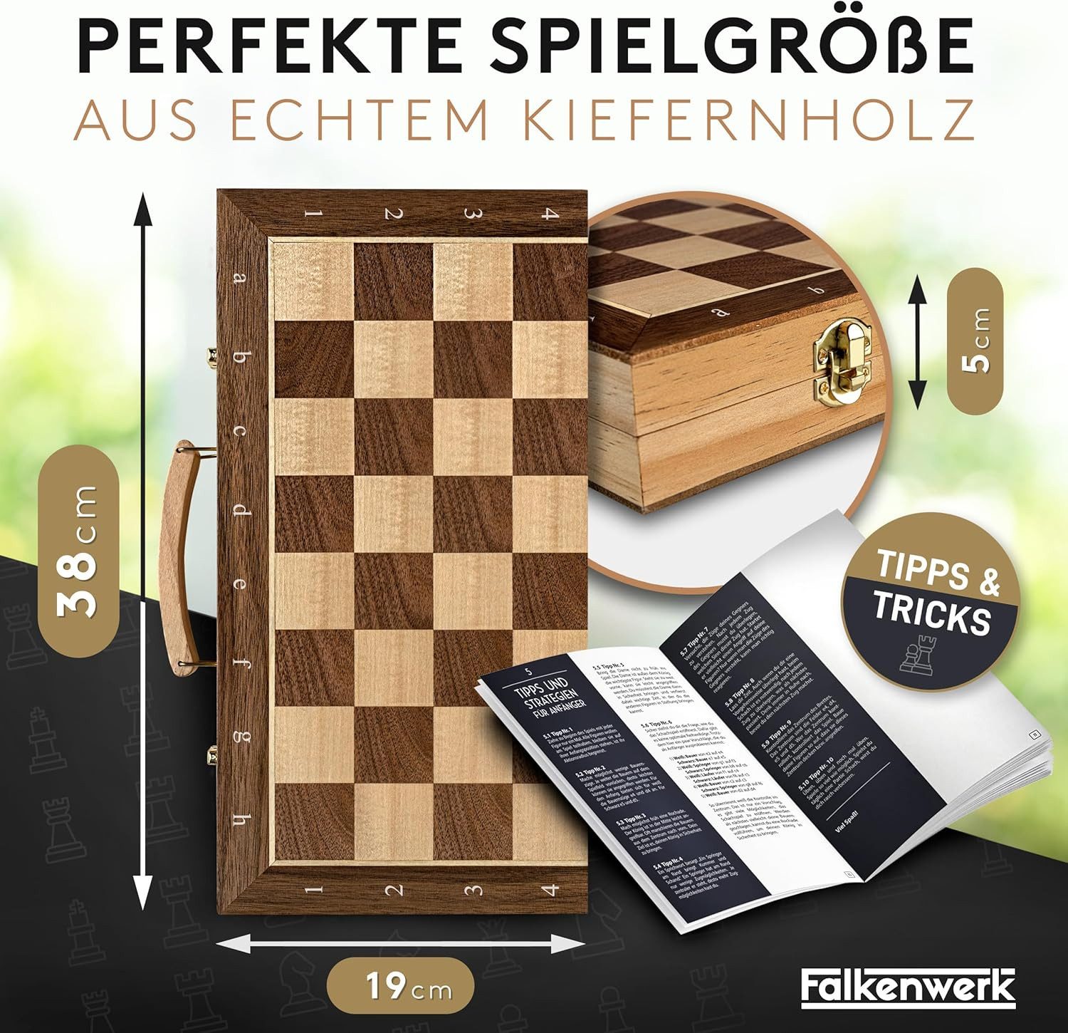 Falkenwerk Spiel magnetisches Schachspiel aus Holz [38x38 cm], Spielfiguren aus Echtholz mit Magnetfuß & Filz, Ratgeber & Tragetasche