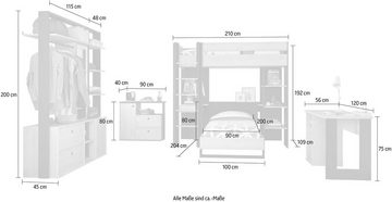Gami Jugendzimmer-Set Duplex, (6-St., Bett, 2x offenes Schranksystem, Schreibtisch, Kommode, Hochbett)