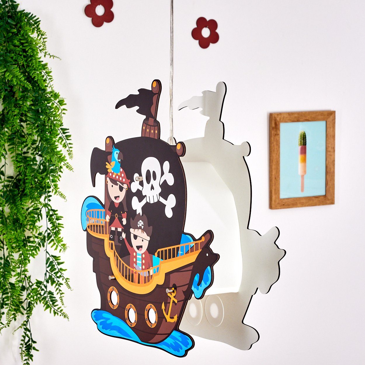 hofstein Pendelleuchte »Roncolongo« bunte Hängelampe mit Piraten-Motiv aus Holz/Metall, ohne Leuchtmittel, 2xE27, Pendellampe Piratenschiff, Höhe max. 107cm