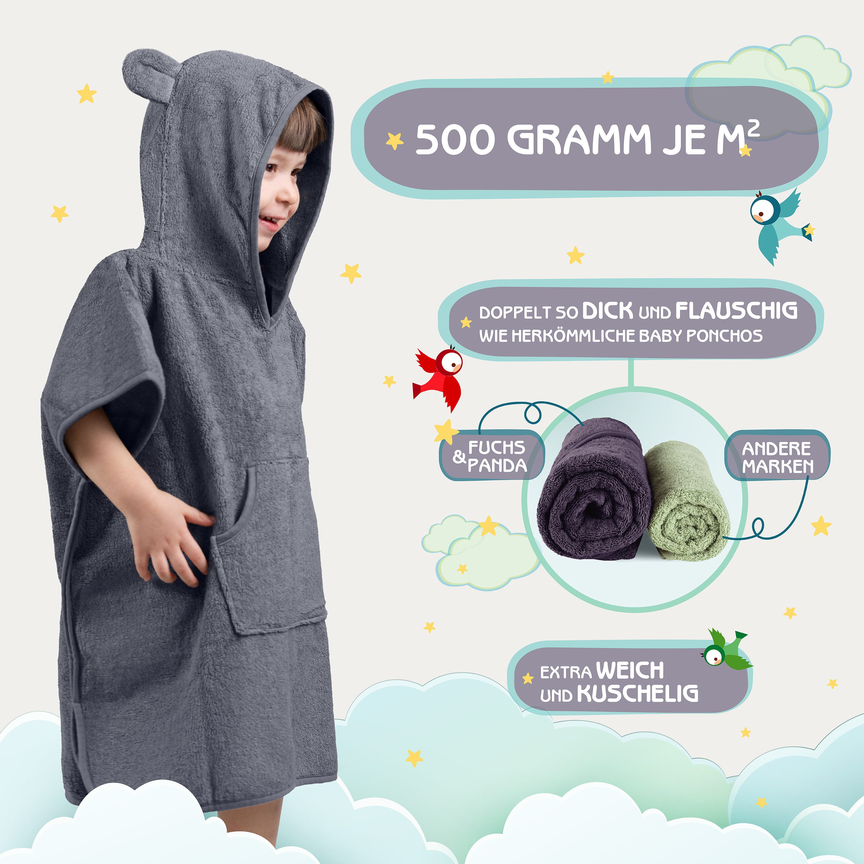 Fuchs & Panda Badeponcho Kuscheliger Badeponcho Baby und Kinder (0-6Jahre) aus 100% Bambus, 100% Bambus: Antimikrobiell, Atmungsaktiv, Hypoallergen, Superweich – Bild 3 von 5