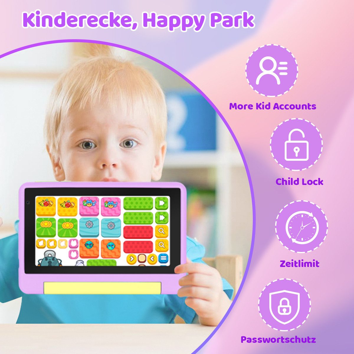 Happybe 7 Zoll 64GB HD-Display mit Schreibtafel, Kopfhörer & Tasche Kinder Tablet (7", 64 GB, Android, Android 15, Vorinstallierte Kindersoftware, Lernen durch  – Bild 4 von 5