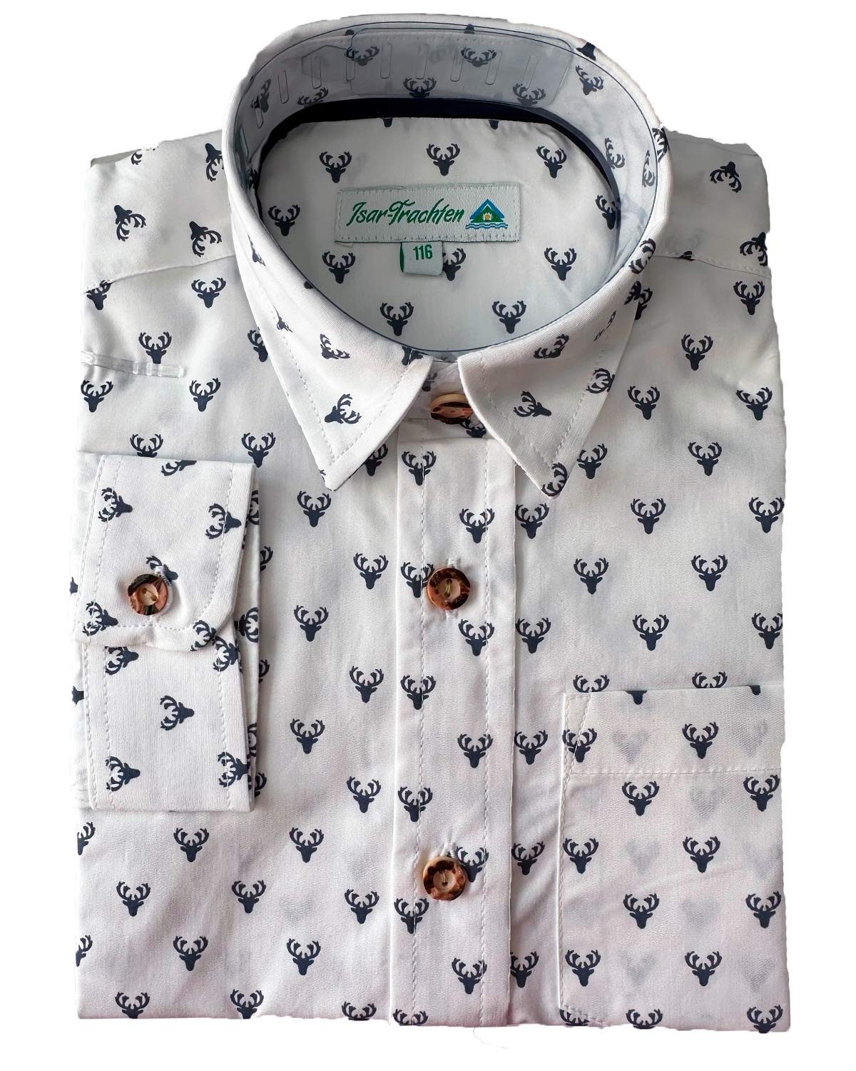 Trachtenhemd 'Paul' für Jungen 52901, Weiß Blau Hirschprint