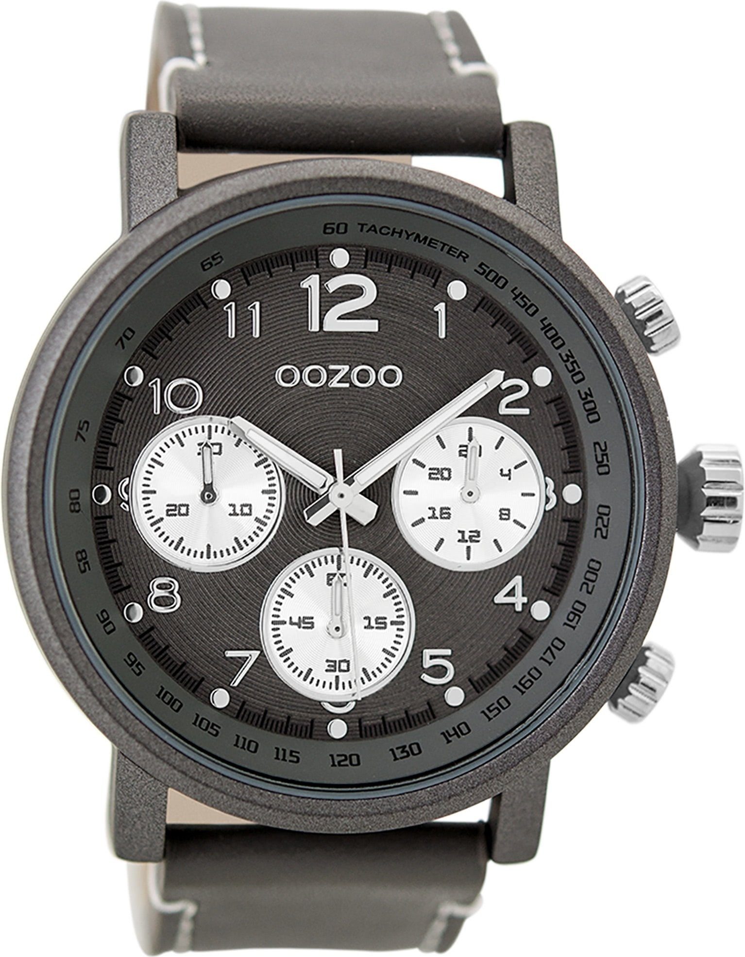 Analog, Herrenuhr Lederarmband, rund, (ca. 48mm) extra Oozoo Armbanduhr OOZOO Quarzuhr groß Casual-Style grau Herren