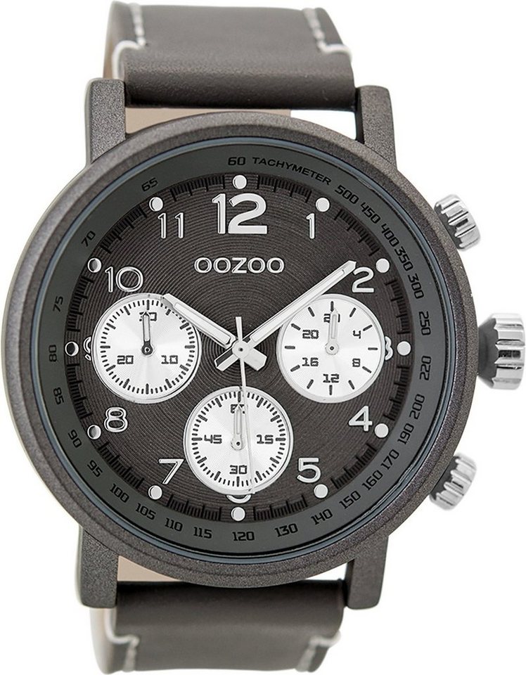 OOZOO Quarzuhr Oozoo Herren Armbanduhr grau Analog, Herrenuhr rund, extra  groß (ca. 48mm) Lederarmband, Casual-Style