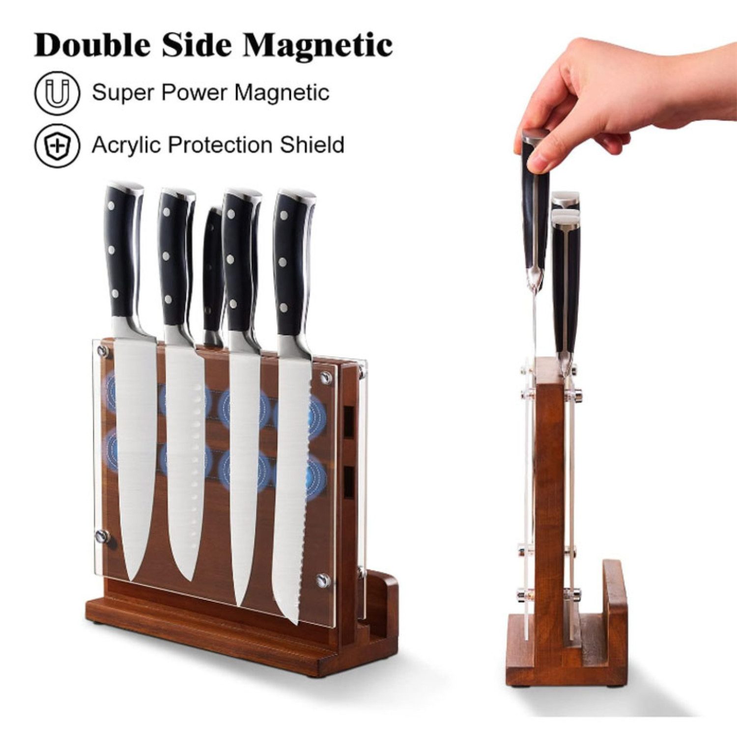 Quality Elegance Magnet-Messerblock Magnetischer Messerblock aus Akazienholz mit Acrylschutz Premium, Akazienholz, Magnetkraft, Acrylschutz, Platzsparend, Rutschfest