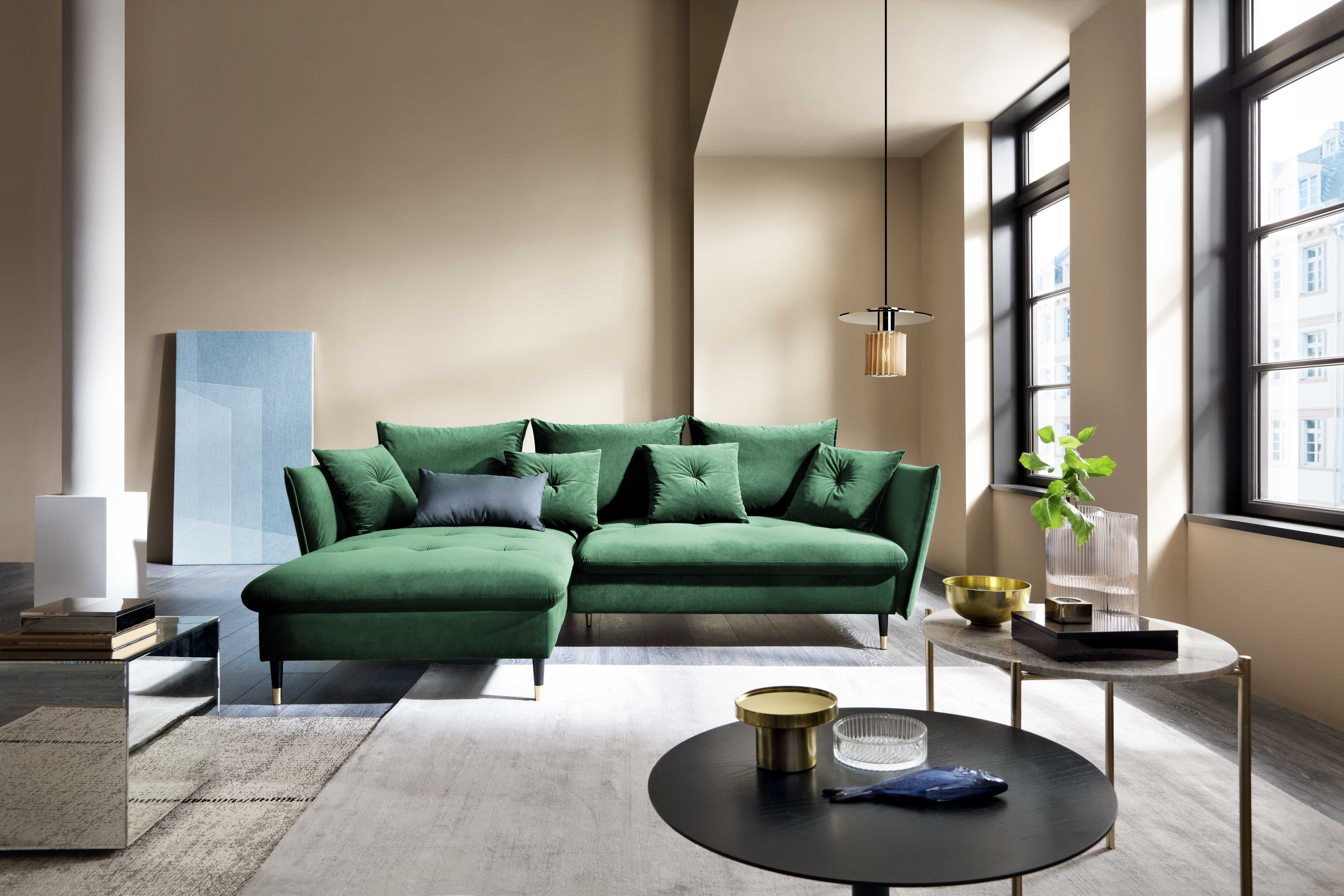 Goldstoff Ecksofa mit Schlaffunktion und Bettkasten, L-Form Schlafcouch, Schlafsofa, Sofa mit Bettfunktion, Inklusive Deko- und Rückenkissen