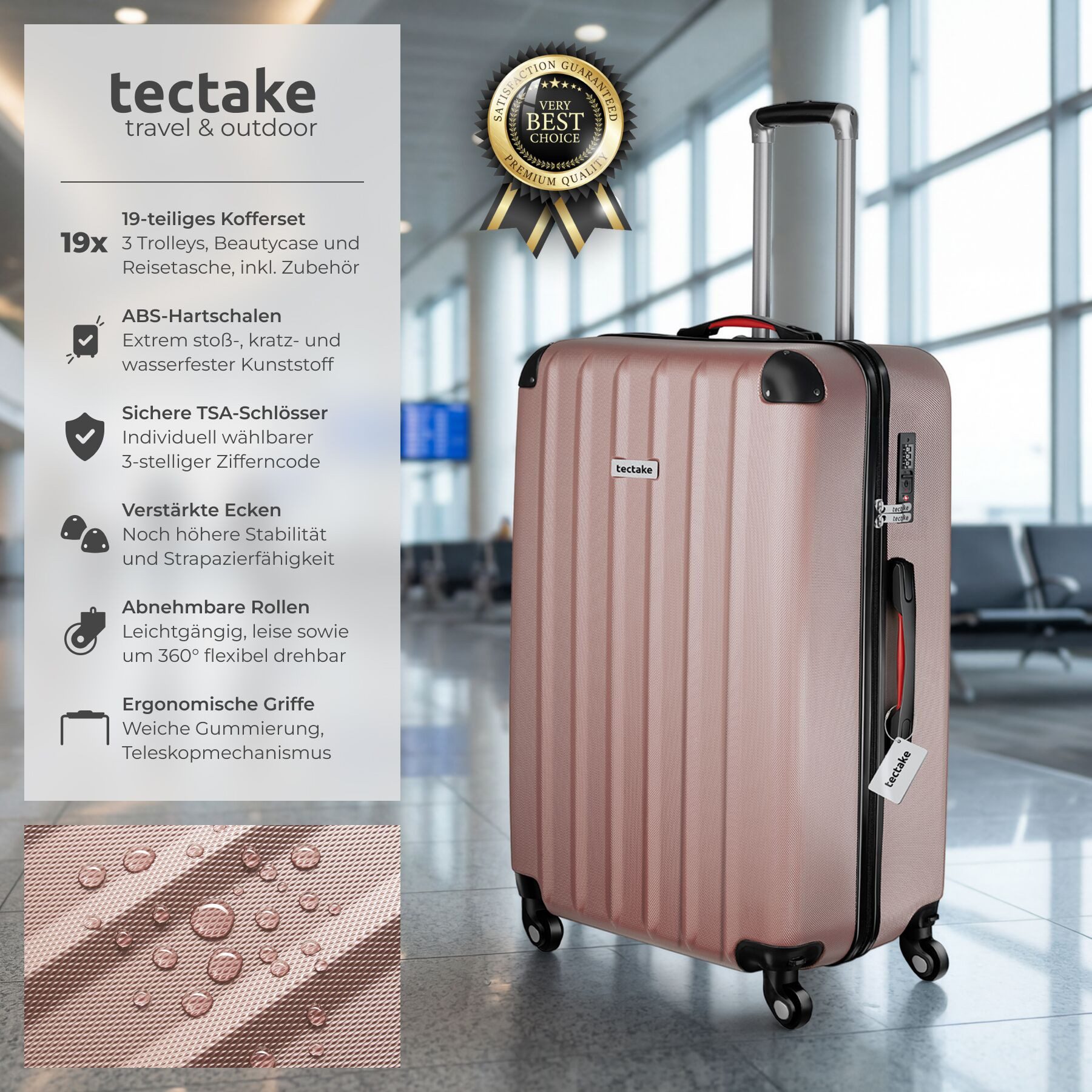 tectake Trolley Hartschalenkoffer-Set 19-teilig aus ABS-Kunststoff, Kofferwaage, 4 Rollen, TSA-Schloss, 360° drehbare, abnehmbare Rollen, mit Packwürfelset – Bild 2 von 5
