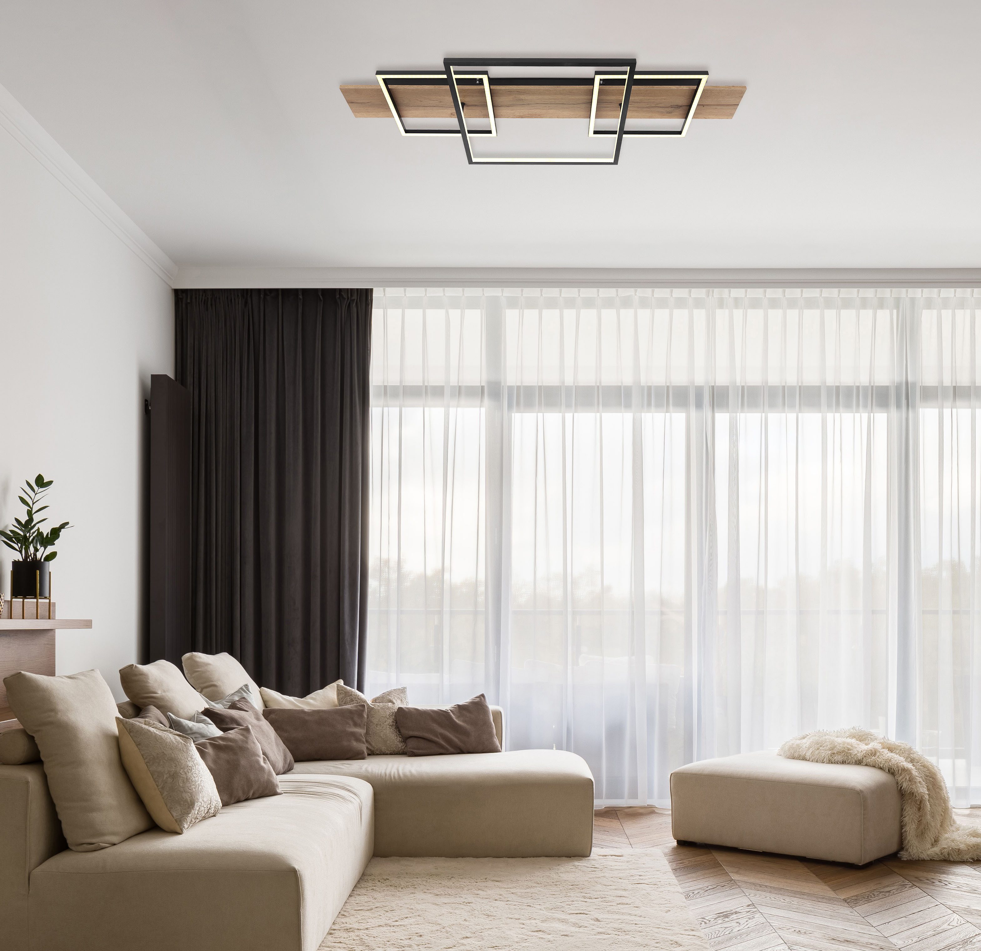 GLOBO LIGHTING Deckenleuchte VANNI, LED fest integriert, Warmweiß, Deckenleuchte Schwarz/MDF, Aluminium, Opal, Stufenschalter, LED 32W