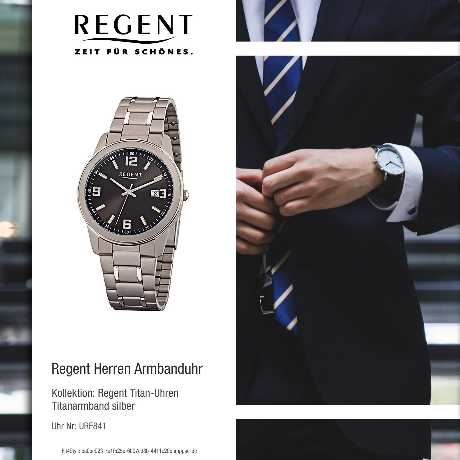 Regent Quarzuhr Regent rund, Herren Analog, Herren-Armbanduhr 38mm), grau Armbanduhr silber (ca. Titanarmband mittel