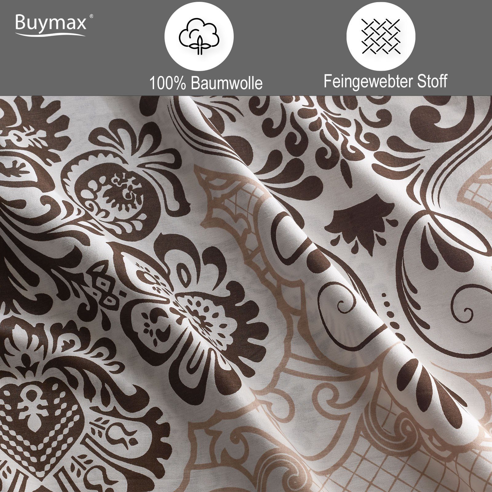 Buymax Bettwäsche Wendebettwäsche, Bettbezug-Set, Renforcé 100% Baumwolle, 2 teilig, 135x200 cm, elegant, mit Reißverschluss, Barock, Weiß, Beige