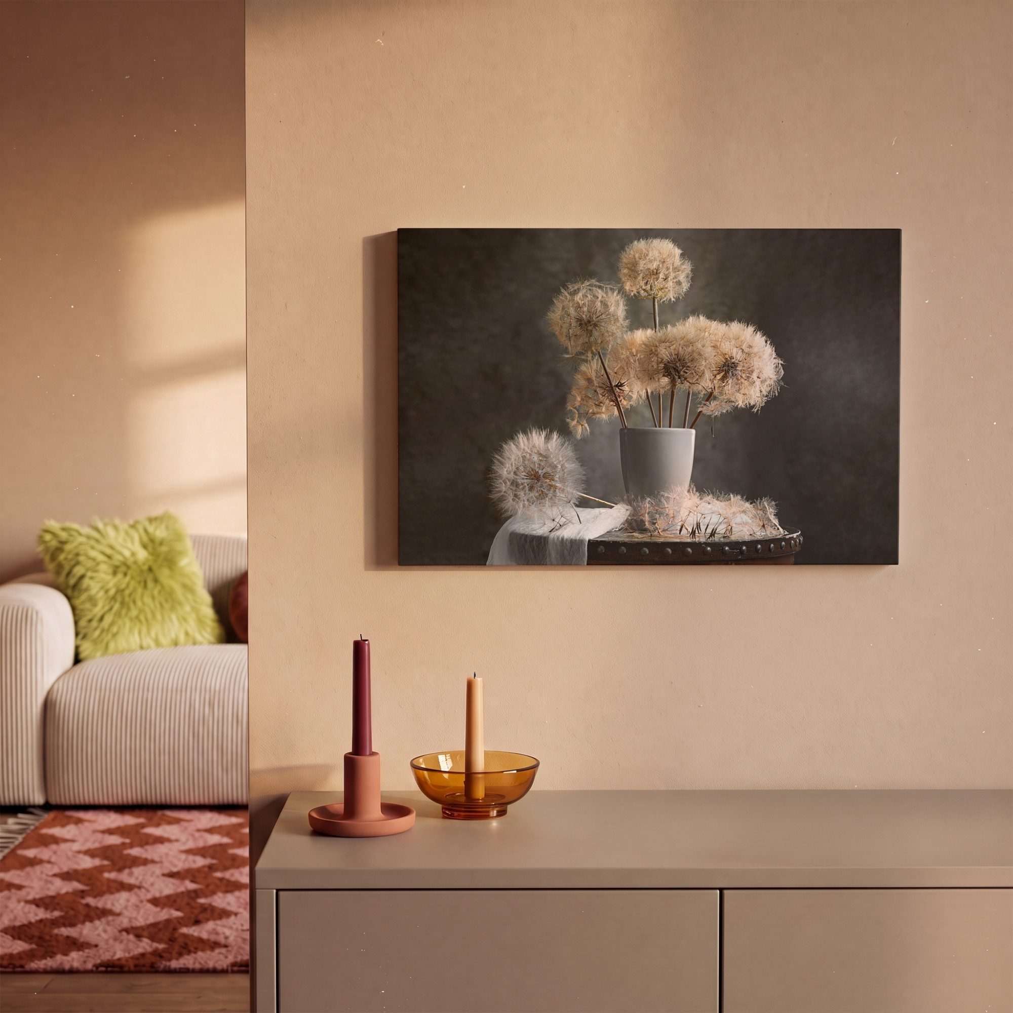 OneMillionCanvasses® Leinwandbild Blumensamen - Löwenzahn - Vase - Stilleben - Blumenstrauß, Fotodruck (1 St), Wandbild, Deko Schlafzimmer Wohnzimmer Flur 20x20 – Bild 2 von 5
