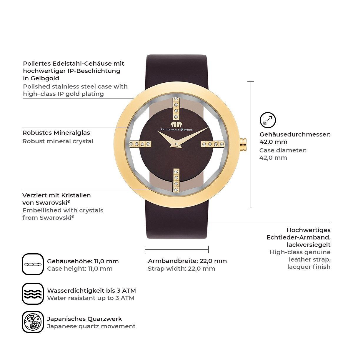 Rhodenwald & Söhne Quarzuhr Lucrezia dunkelbraun, aus Edelstahl günstig online kaufen