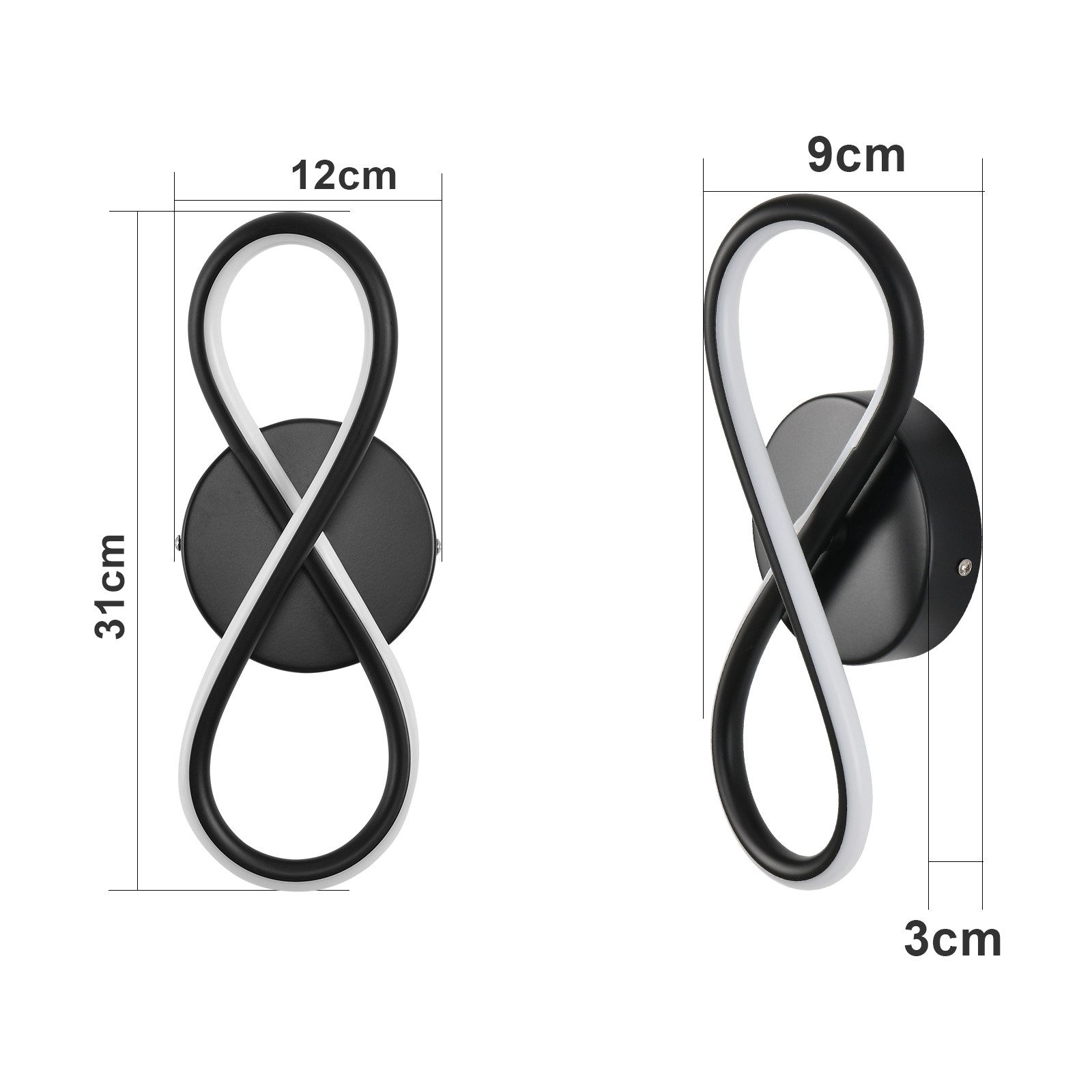 ZMH LED Wandleuchte Innen 8-förmige Modern 7W Wandlampe für Treppenhaus Schlafzimmer, Augenschutz, Einfache Installtion, LED fest integriert, Warmweiß, Schwarz 3000K Schlafzimmerlampe Korridor Wohnzimmer
