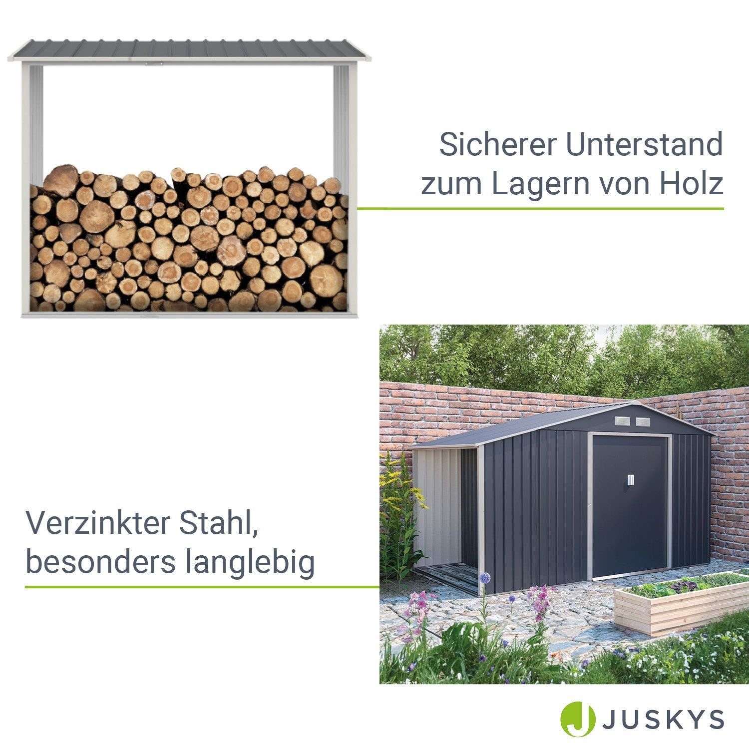 robust Geräteschuppen Juskys wetterfest, XL, für Kaminholzregal, platzsparend,