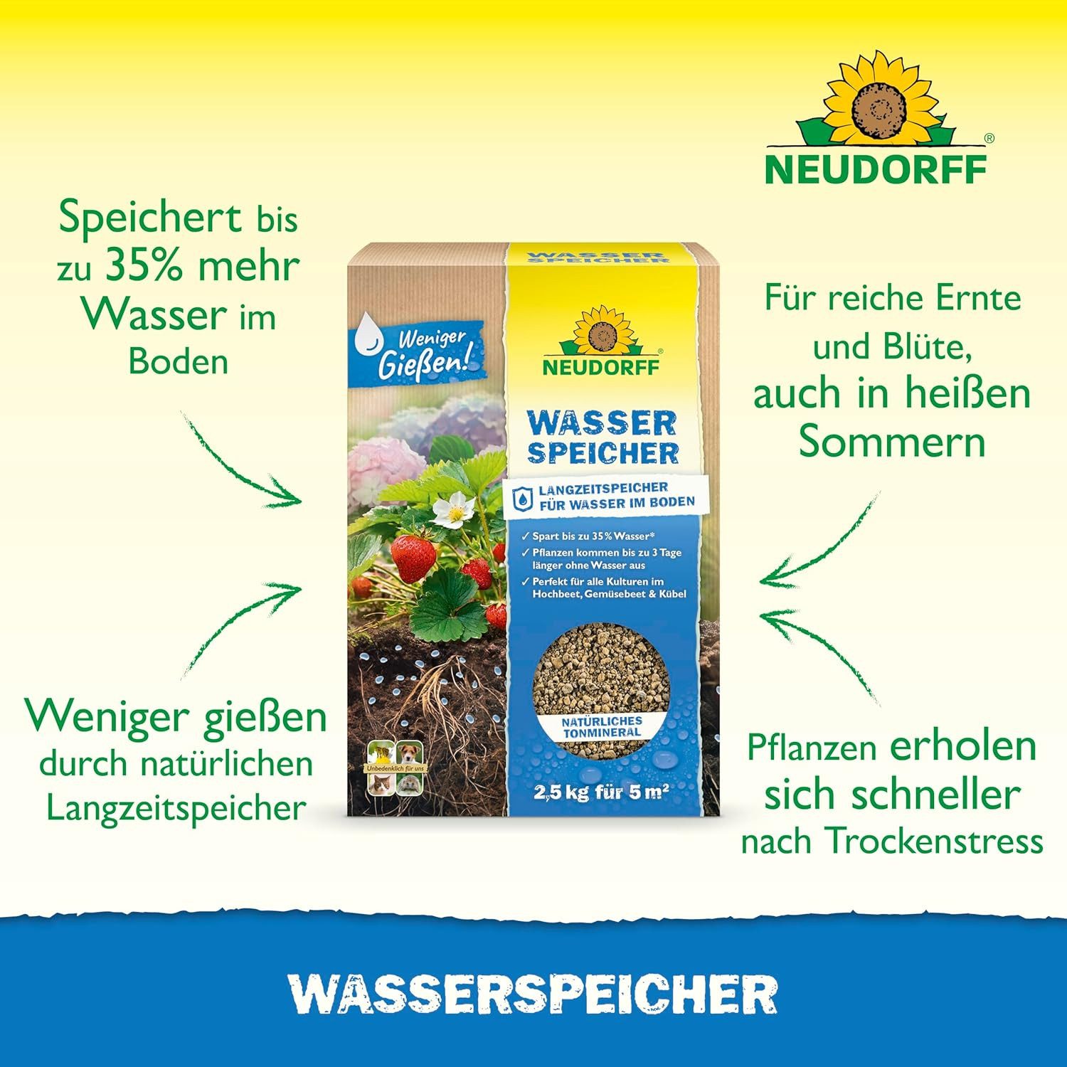 Neudorff Tongranulat Wasserspeicher 2,5 kg Langzeitspeicher für Ernte und Blüte, mit Bodenhilfsstoff; Tonminerale (Bentonit), Reduziert Trockenstress