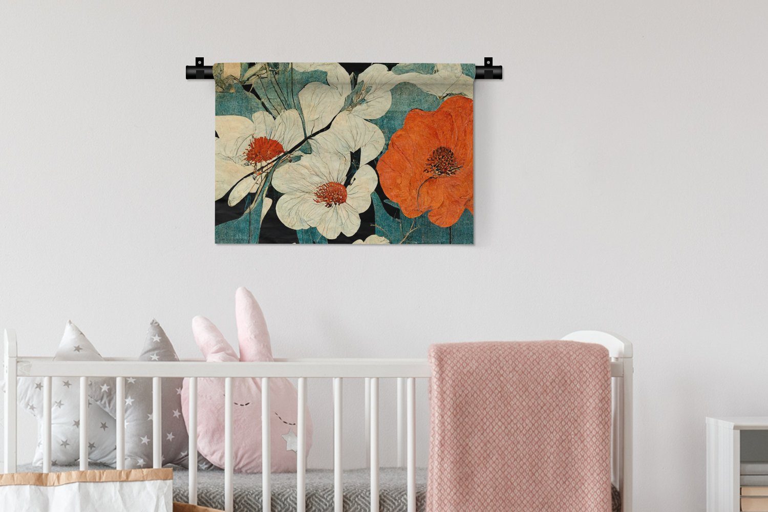 - - Schlafzimmer, für Vintage Wanddeko Pflanzen Orange, Wandbehang, MuchoWow Wohnzimmer, - Kleid, Wanddekoobjekt Blumen Kinderzimmer Asien -