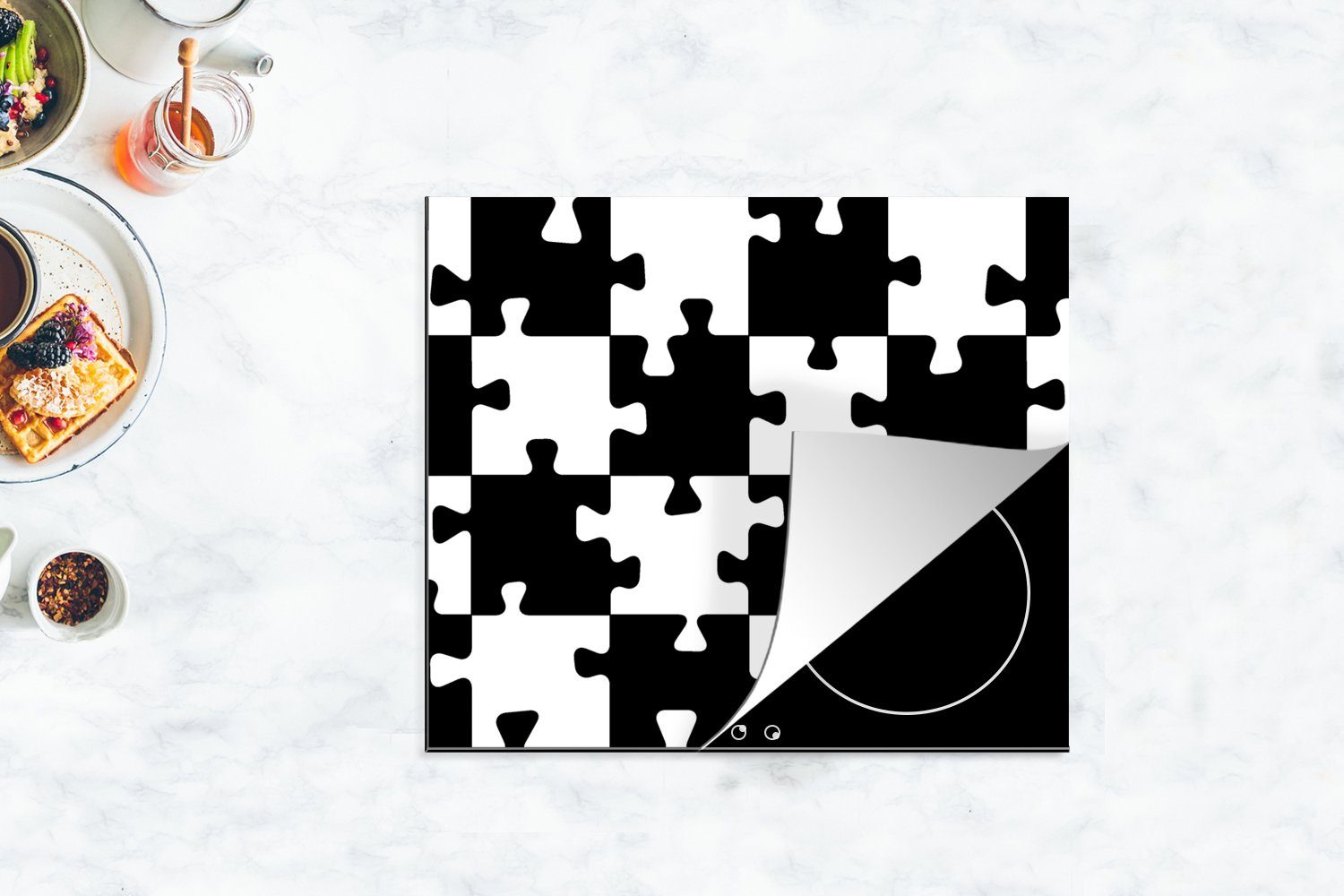 cm, Muster, Ceranfeldabdeckung Puzzle 60x52 Herdblende-/Abdeckplatte - Mobile MuchoWow tlg), - Schach Arbeitsfläche (1 Vinyl, nutzbar,