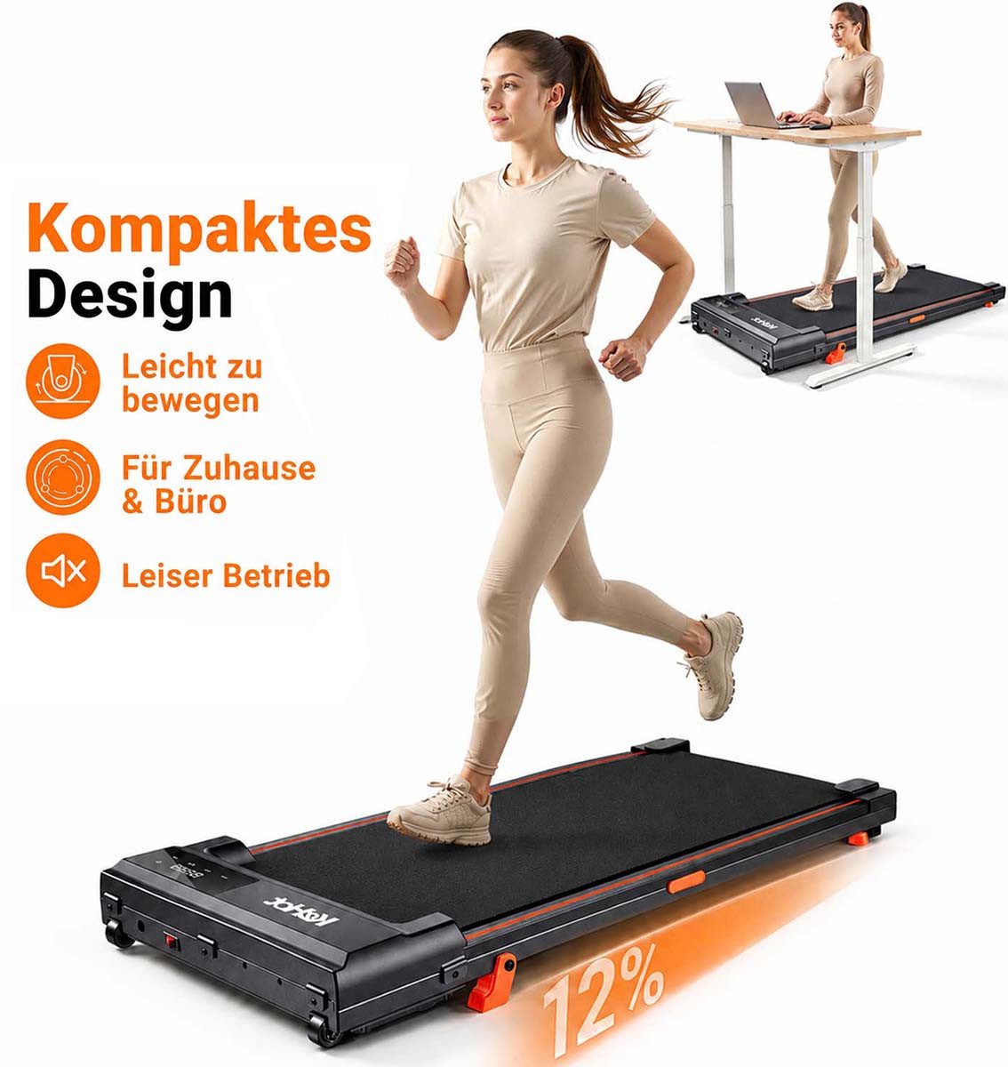 kehot Laufband Walking Pad mit 12 % Steigung für Cardio-Training zuhause (Flach oder mit 12 % Steigung für abwechslungsreiches Walking, Ultraflach mit nur 10 cm Höhe und platzsparend verstaubar), LED-Display, Fernbedienung und ideal für Homeoffice & Zuhau