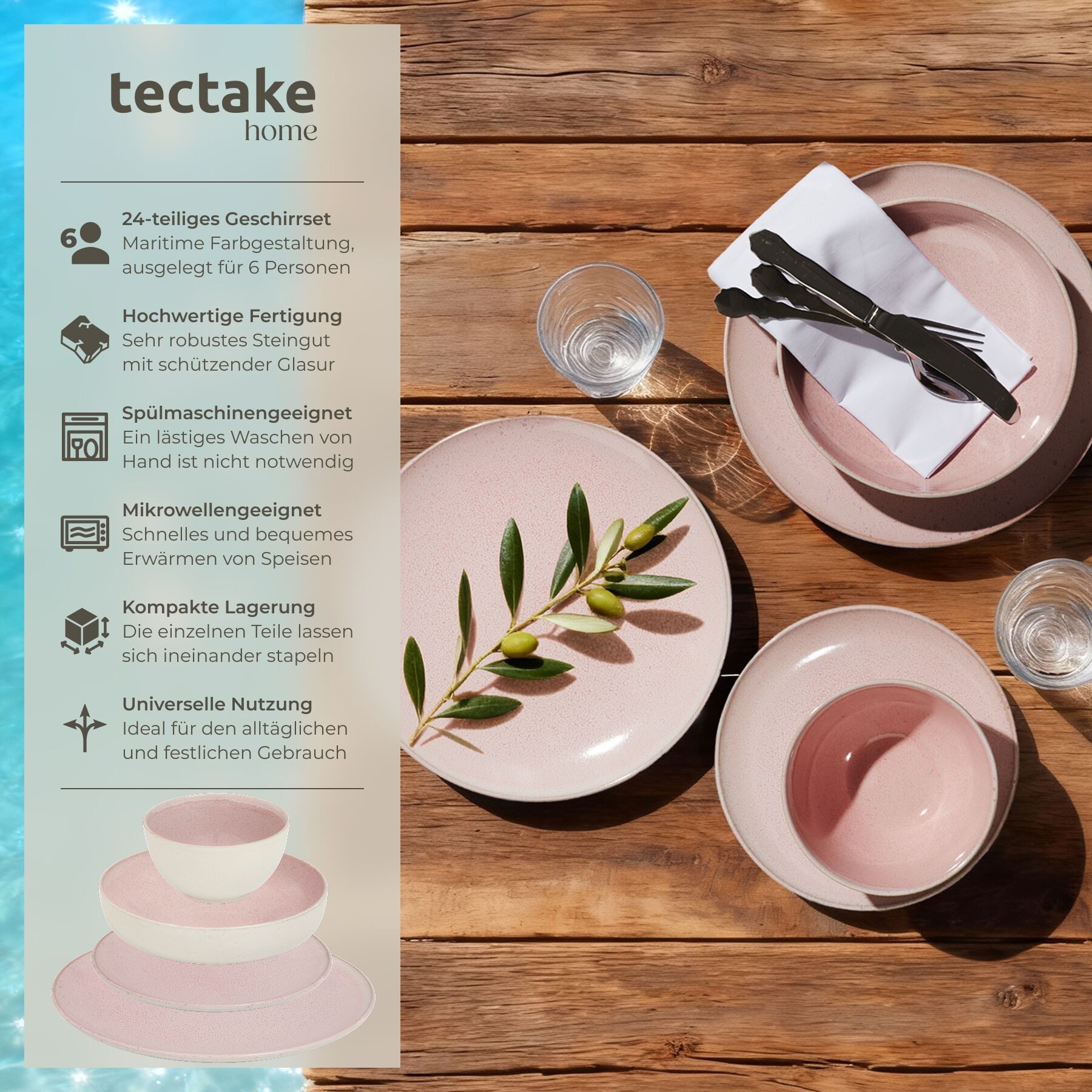 tectake Geschirr-Set Tafelservice (24-tlg), 6 Personen, Steingut, für 6 Personen, handgefertigt